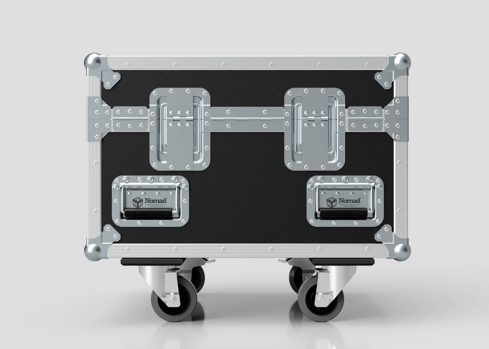 The Single Chainmaster 1 Ton Chain Hoist Case, in black and silver with metal reinforcements, two latches, and four caster wheels, is shown against a plain light background. External dimensions: 684 x 597 x 575 mm.