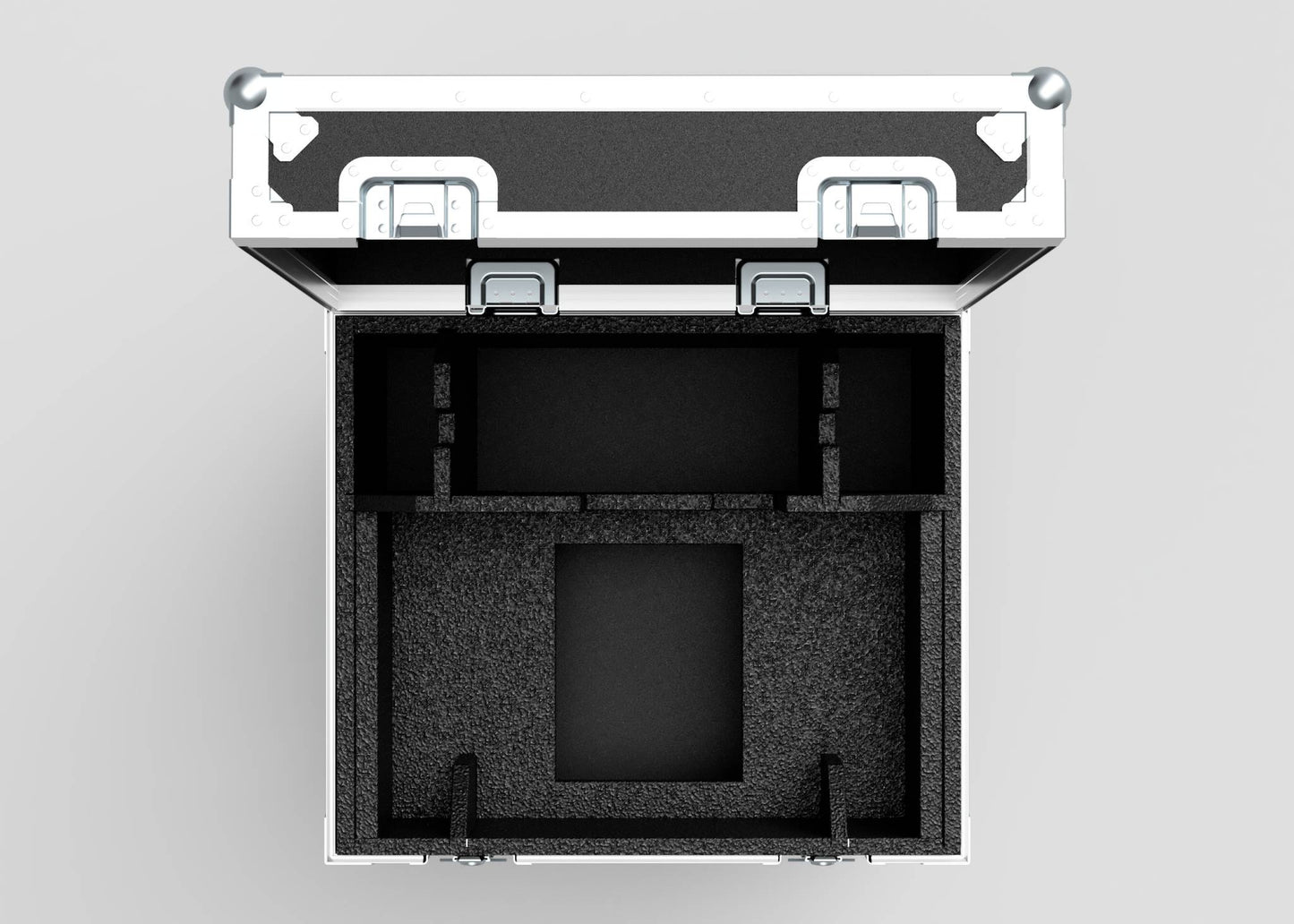 Top-down view of an open, empty Single Chainmaster 1 Ton Chain Hoist Case in black, featuring foam padding and multiple compartment slots; external dimensions: 684 x 597 x 575 mm.