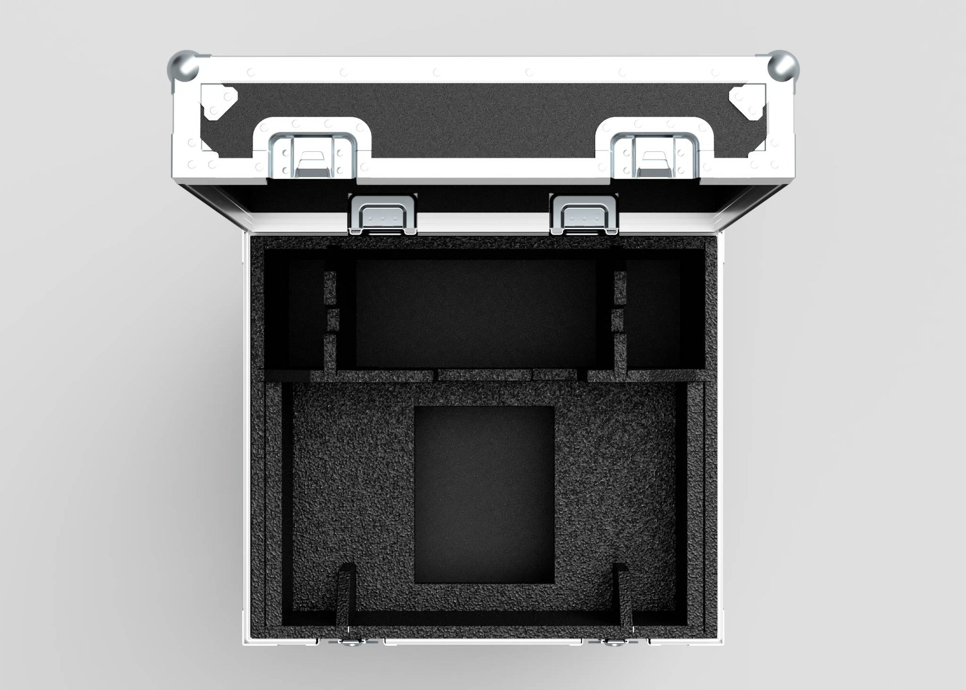 Top-down view of an open, empty Single Chainmaster 1 Ton Chain Hoist Case in black, featuring foam padding and multiple compartment slots; external dimensions: 684 x 597 x 575 mm.