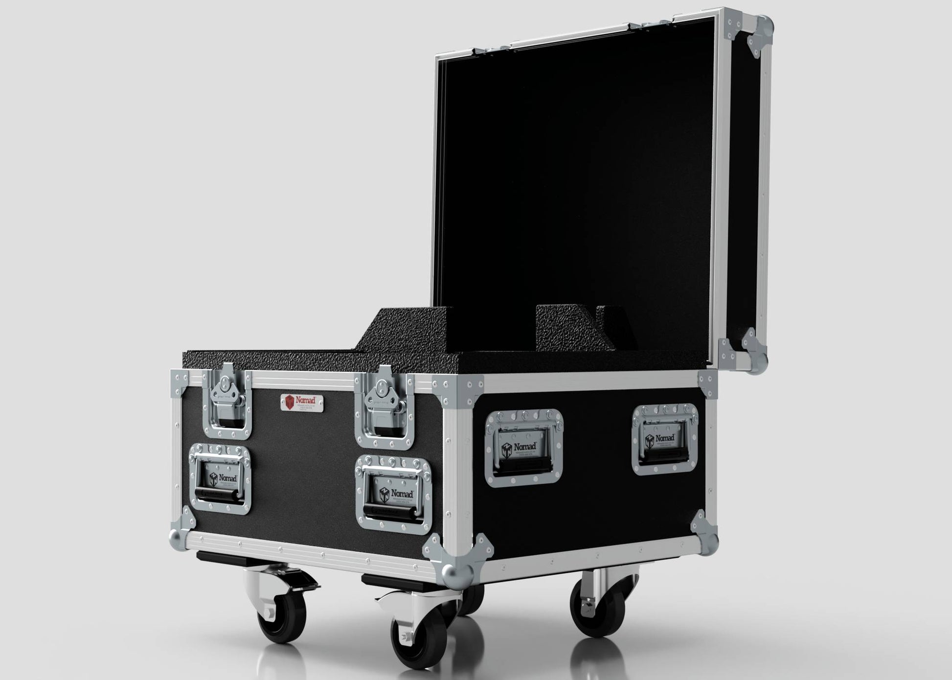 The Single Chainmaster 1 Ton Chain Hoist Case, black with metal edges, latches, and protective foam interior, is open on four caster wheels against a plain background. External dimensions: 684 x 597 x 575 mm.