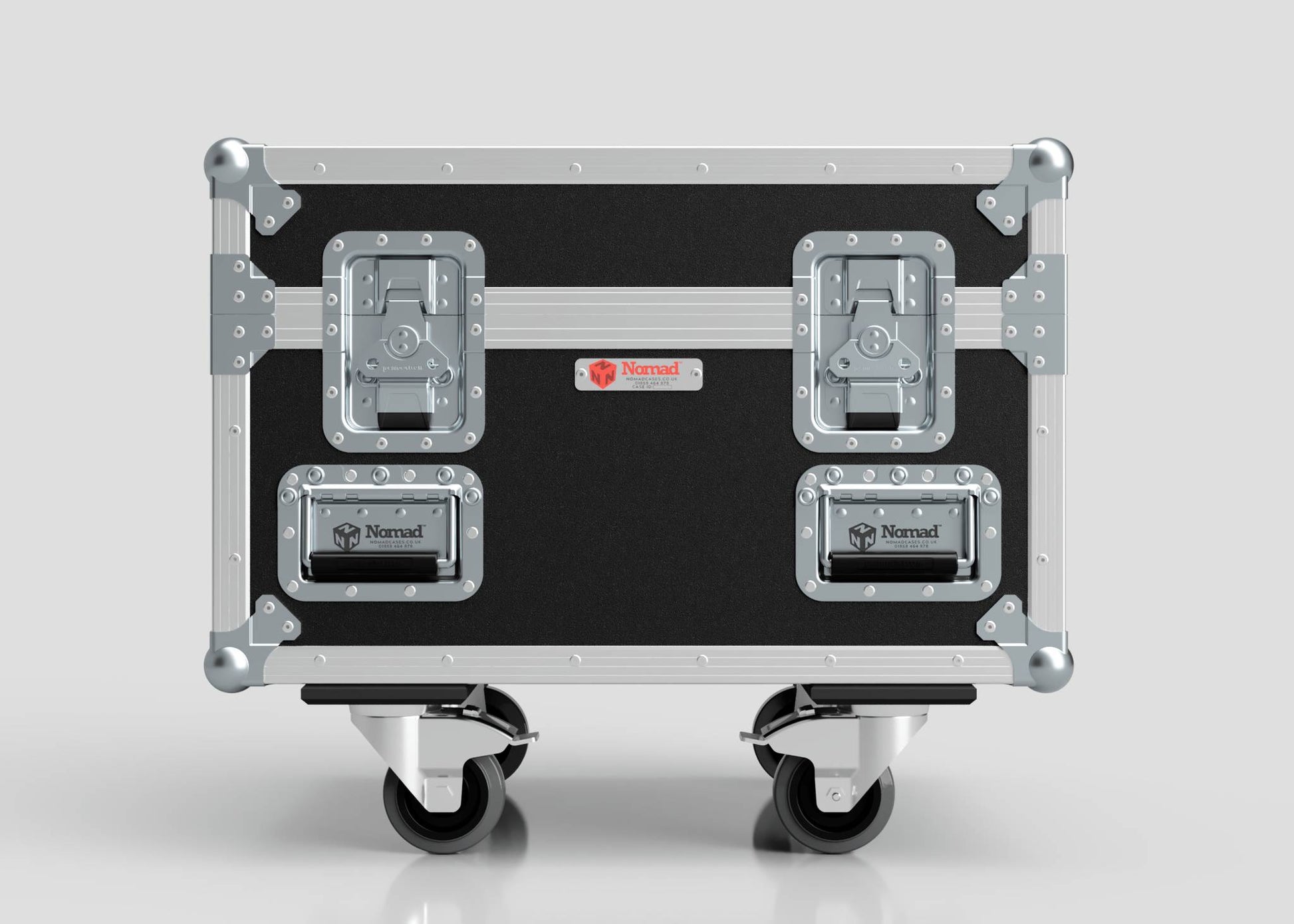 The Single Chainmaster 1 Ton Chain Hoist Case is a black and silver rolling equipment case with metal corners, handles, latches, and Nomad branding on light gray. External dimensions: 684 x 597 x 575 mm.