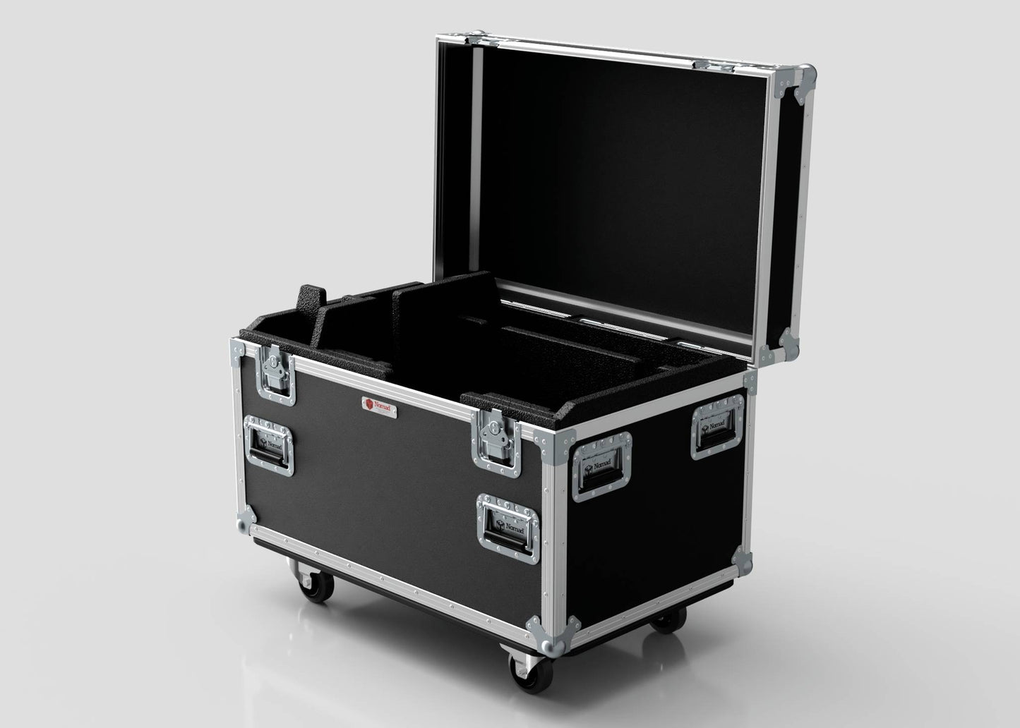The Single Kinesys Apex 1250 Chain Hoist Case is a black, hard-shell equipment case with metal edges and handles, standing open on four wheels against a plain background. Its external dimensions are 950 x 598 x 727 mm.