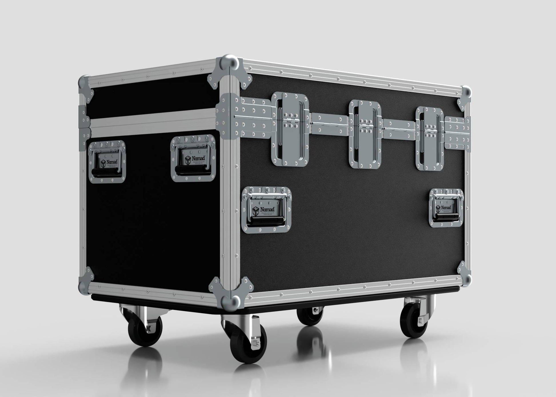 The Single Kinesys Apex 1250 Chain Hoist Case, a large black case with metal reinforcements, handles, and four wheels, is shown against a plain light background. Its external dimensions are 950 x 598 x 727 mm for secure, easy transport.