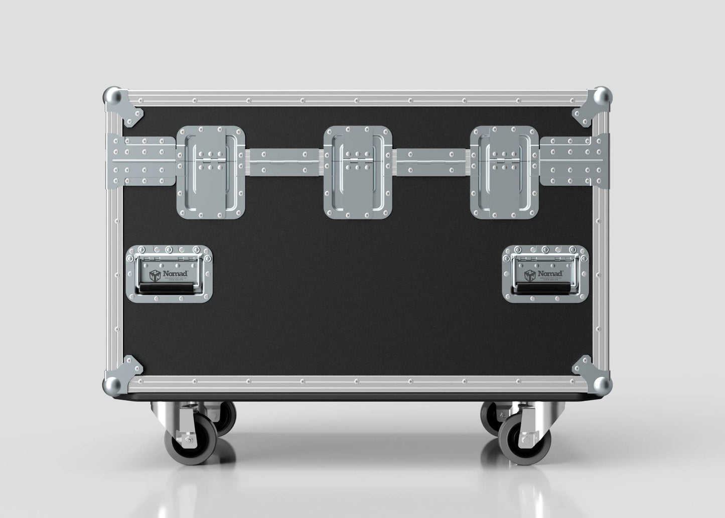 The Single Kinesys Apex 1250 Chain Hoist Case is a black and silver hard case with metal reinforcements, three latches, four caster wheels, and external dimensions of 950 x 598 x 727 mm.