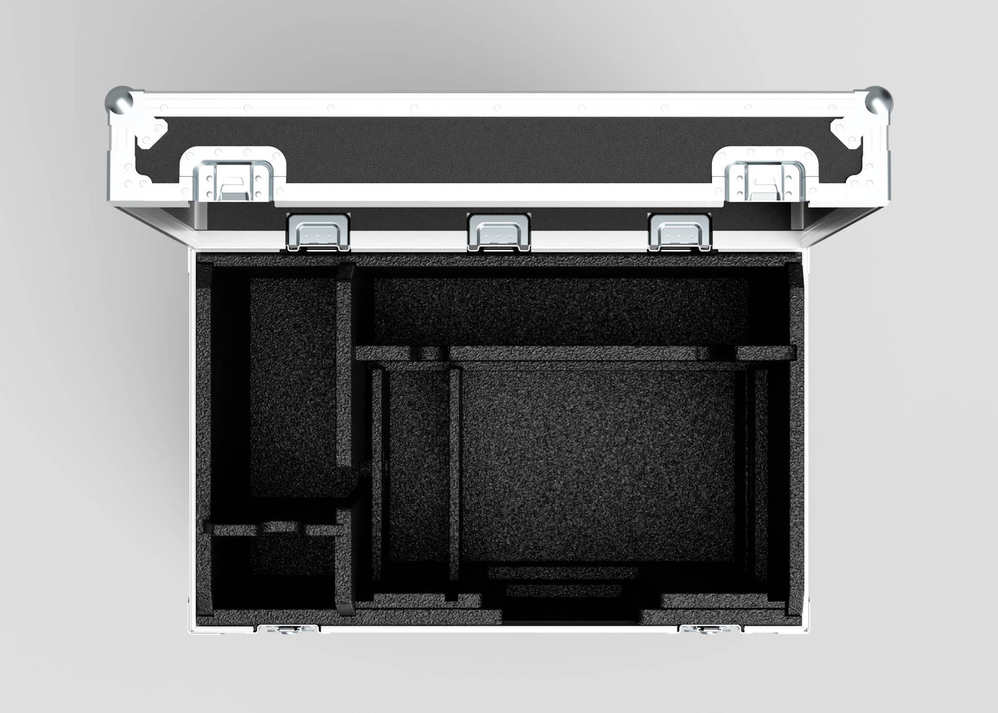 Top view of an open, empty Single Kinesys Apex 1250 Chain Hoist Case with custom foam inserts and multiple compartments; external dimensions: 950 x 598 x 727 mm.
