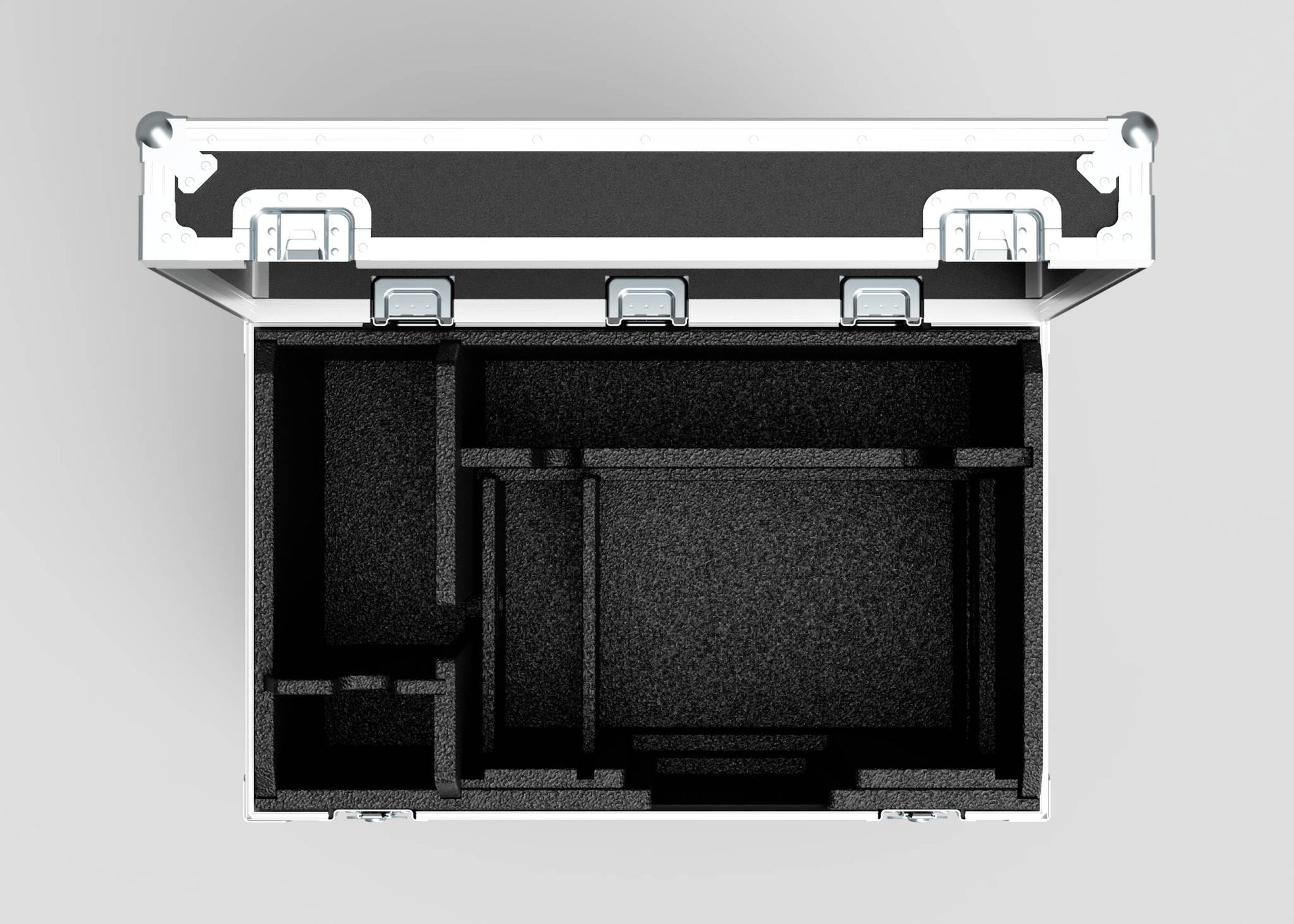 Top view of an open, empty Single Kinesys Apex 1250 Chain Hoist Case with custom foam inserts and multiple compartments; external dimensions: 950 x 598 x 727 mm.