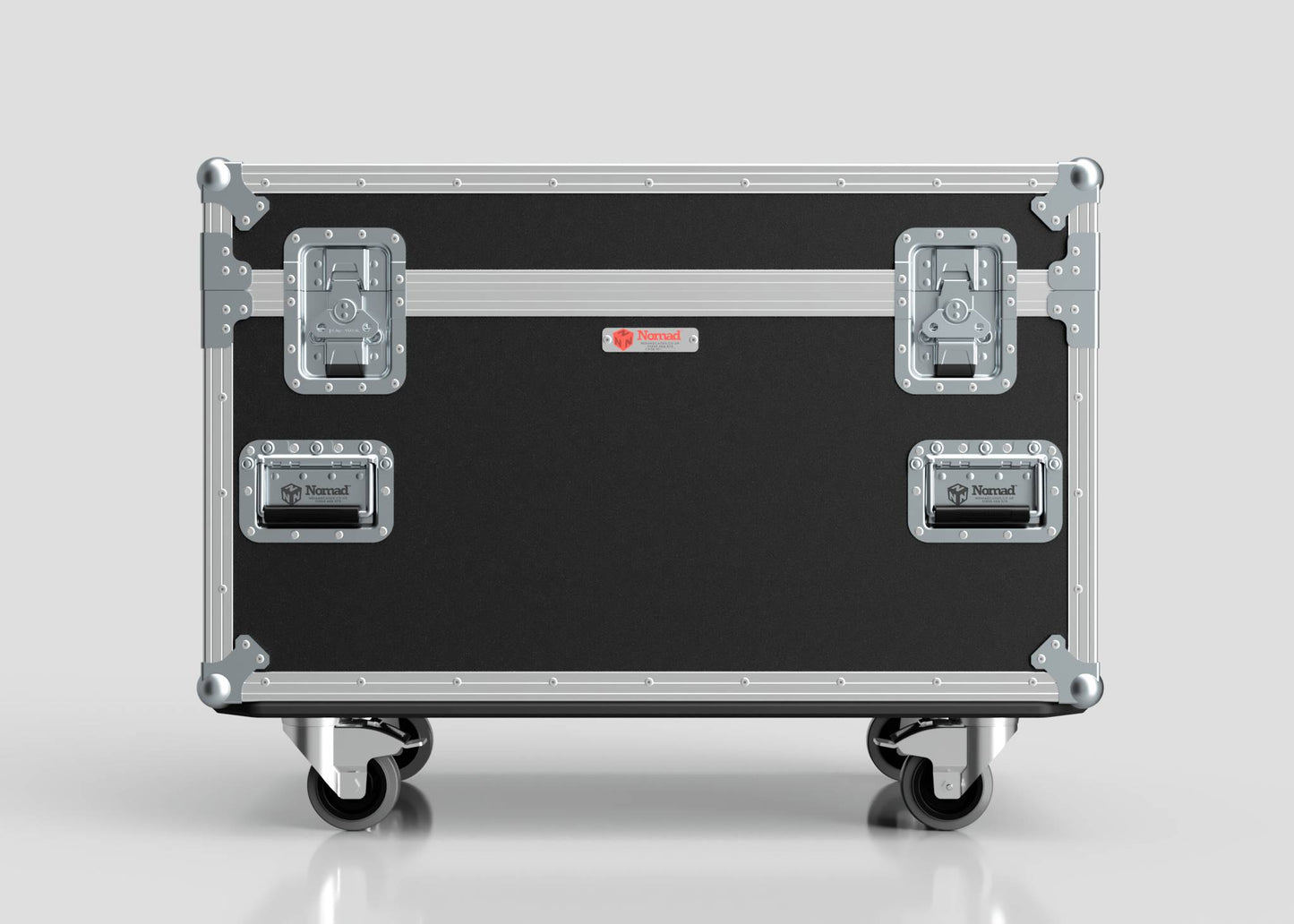 The Single Kinesys Apex 1250 Chain Hoist Case is a black and silver hard case with metal reinforcements, four latches, wheels, and external dimensions of 950 x 598 x 727 mm, shown against a plain gray background.