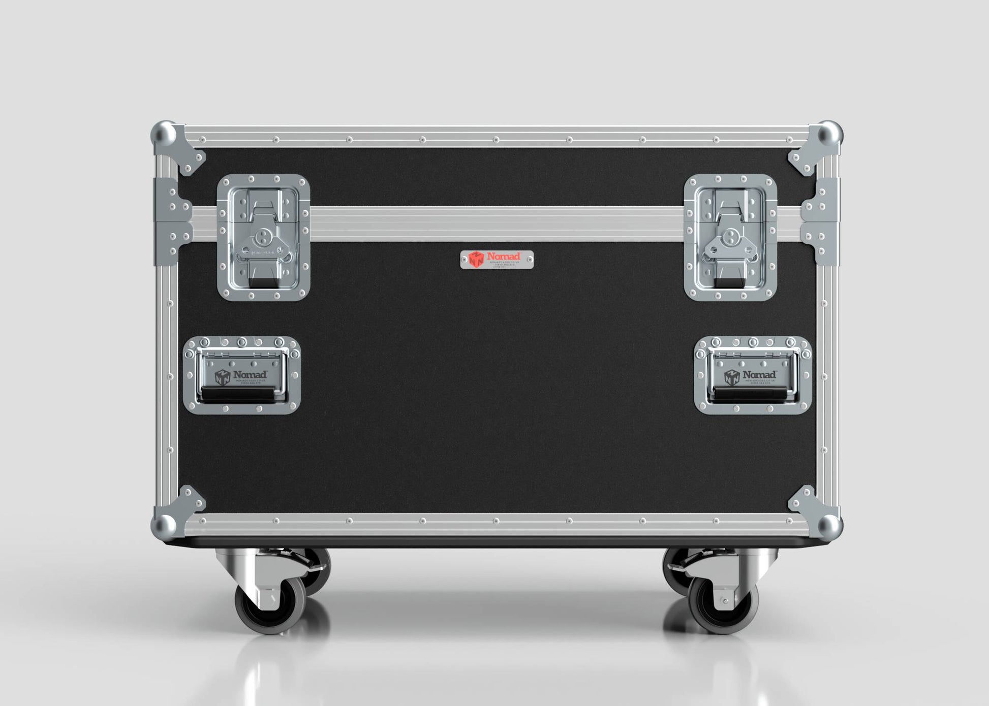 The Single Kinesys Apex 1250 Chain Hoist Case is a black and silver hard case with metal reinforcements, four latches, wheels, and external dimensions of 950 x 598 x 727 mm, shown against a plain gray background.