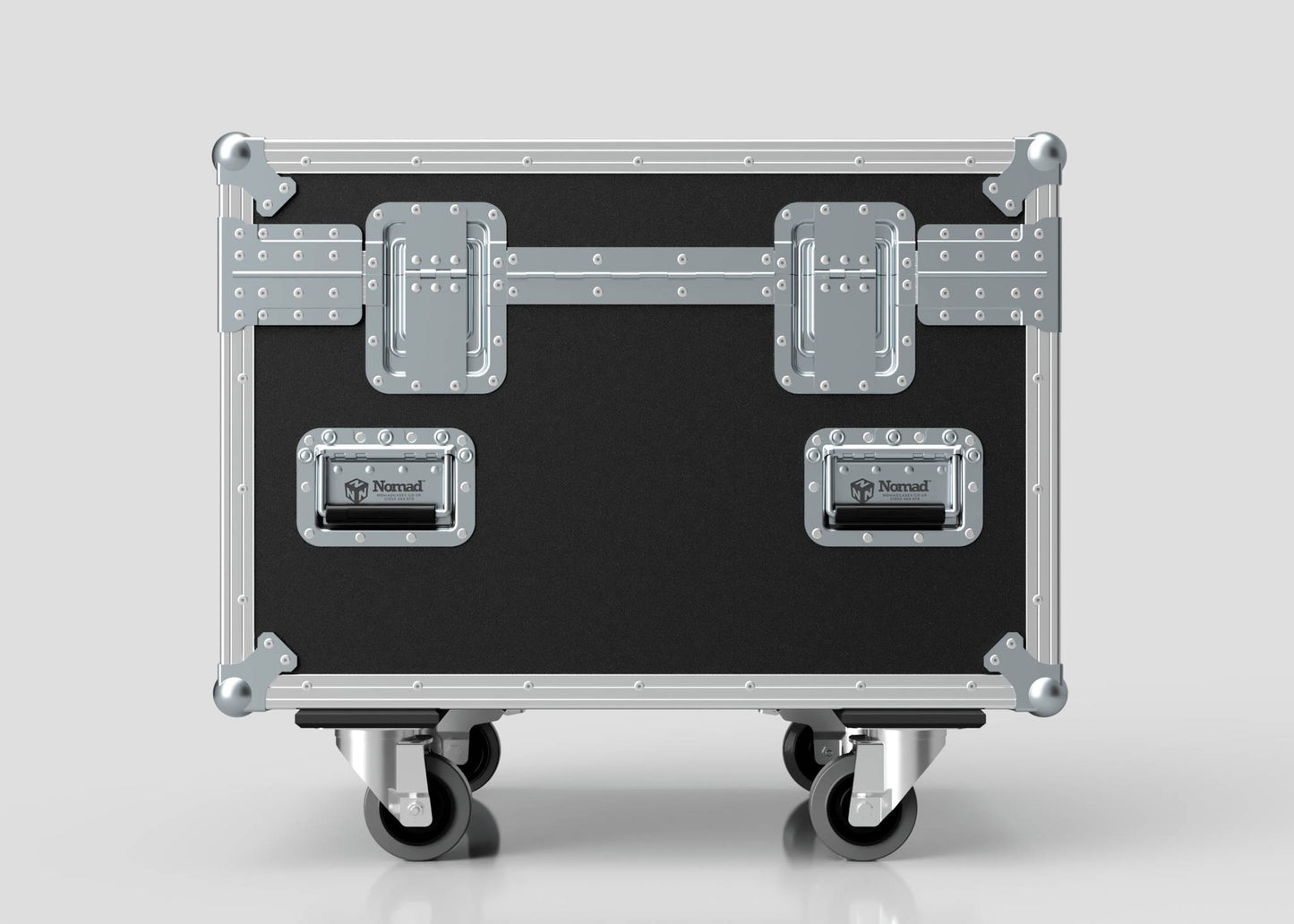 The Single Kinesys Apex 500 Chain Hoist Case is a black and silver metal flight case with reinforced corners and handles, set on four caster wheels, measuring 775 x 598 x 667 mm against a plain background.