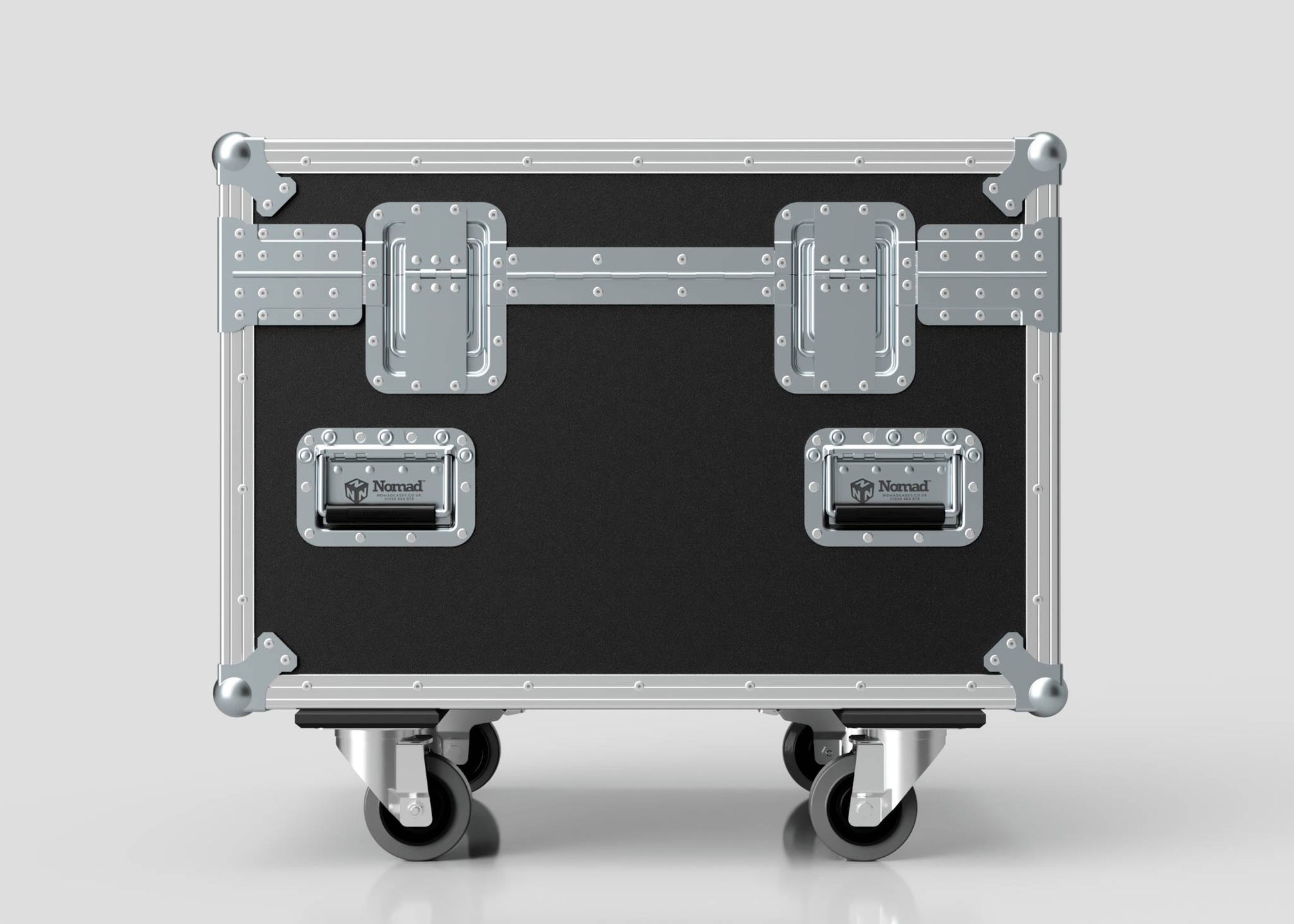 The Single Kinesys Apex 500 Chain Hoist Case is a black and silver metal flight case with reinforced corners and handles, set on four caster wheels, measuring 775 x 598 x 667 mm against a plain background.