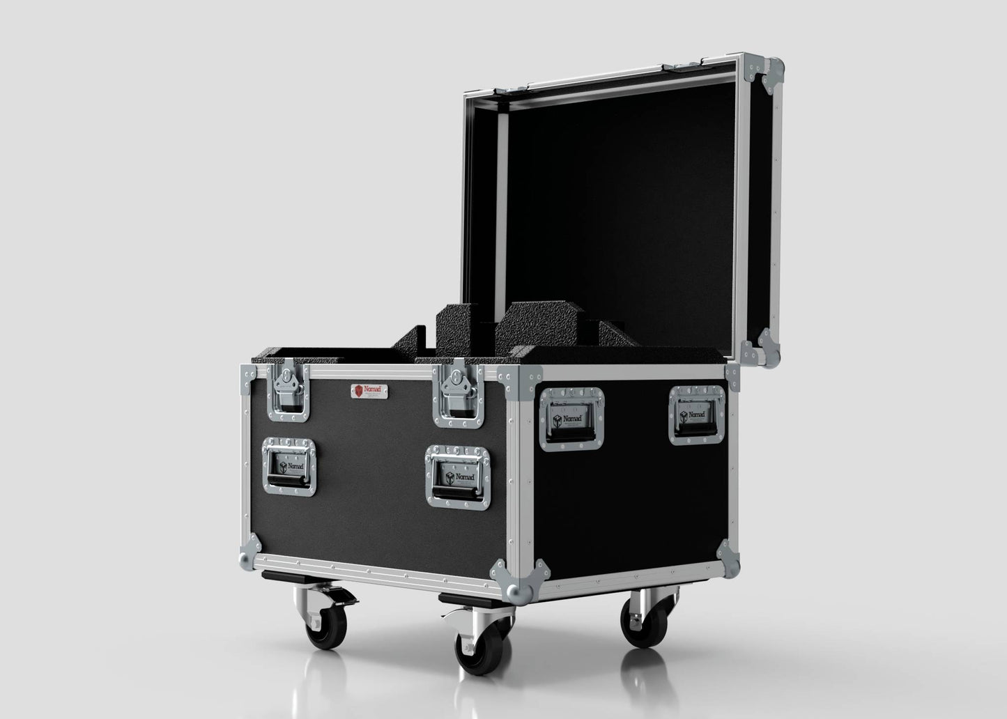 The Single Kinesys Apex 500 Chain Hoist Case is a black hard-shell equipment case with metal edges and latches, open to reveal foam padding inside. It rests on four caster wheels, measuring 775 x 598 x 667 mm against a plain background.
