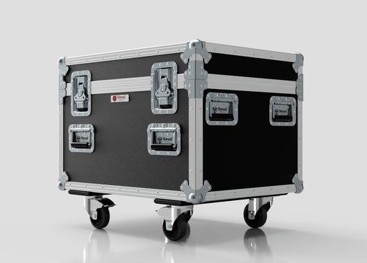The Single Kinesys Apex 500 Chain Hoist Case is a black and silver flight case with metal reinforcements, latch closures, and four caster wheels, measuring 775 x 598 x 667 mm, shown on a plain light background.