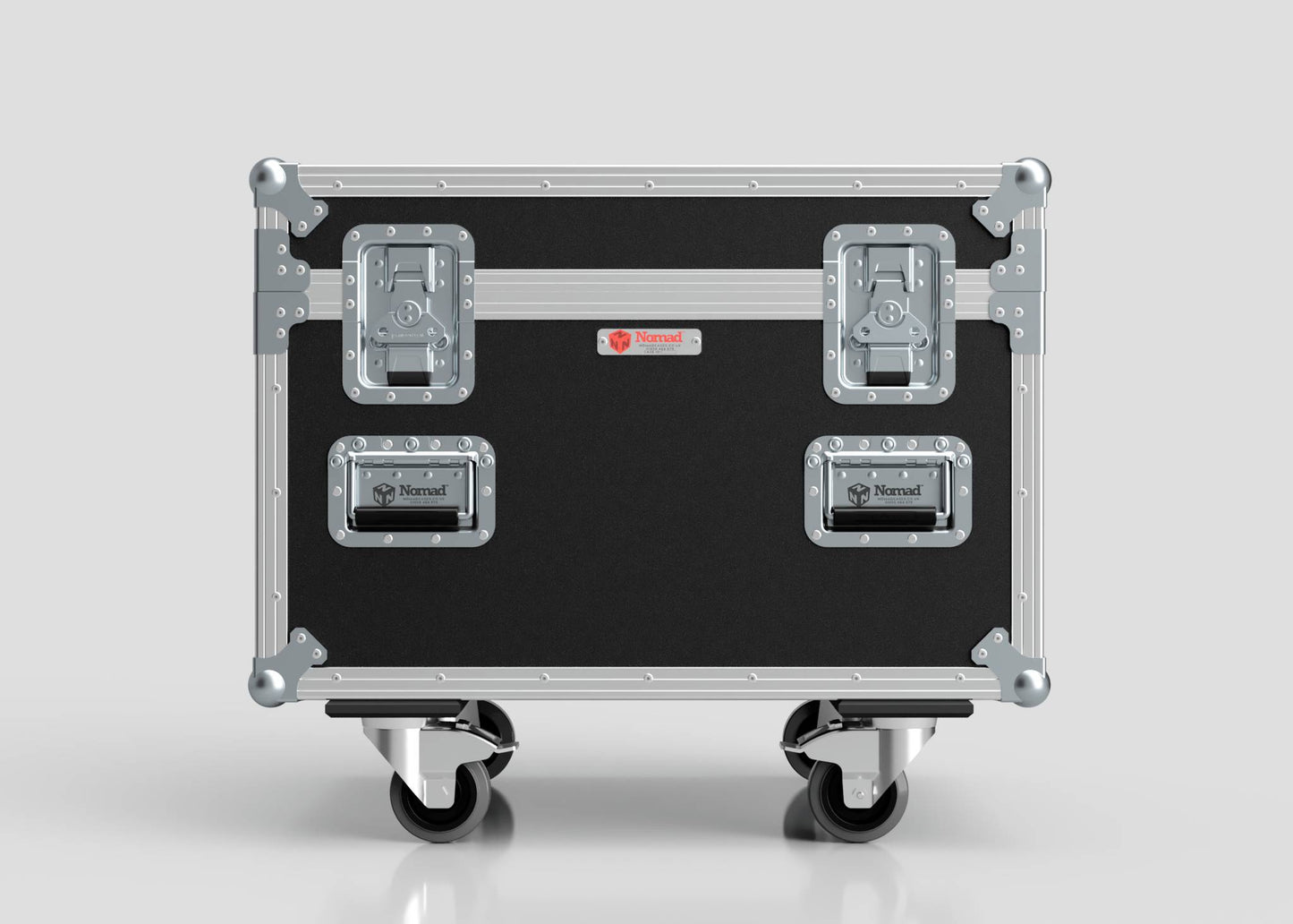 Single Kinesys Apex 500 Chain Hoist Case: black and silver hard-shell case with metal-reinforced corners, two latches, handles, four caster wheels; external dimensions 775 x 598 x 667 mm. Shown against a plain light background.