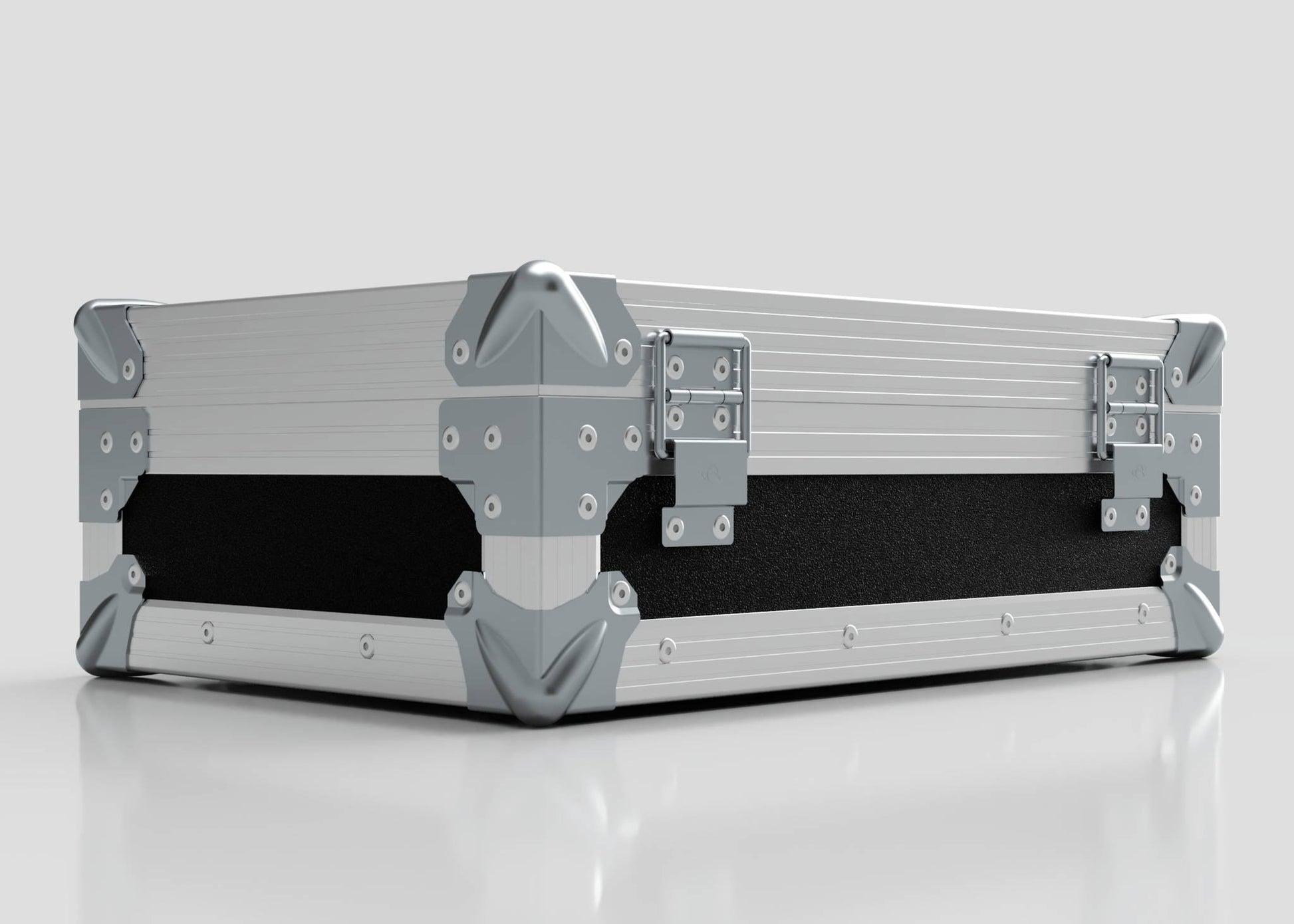 The Single Laptop Case With Storage Compartment, featuring a sturdy silver and black design with metal reinforcements and latches, sits closed on a reflective white surface; its external size is 429 x 289 x 162 mm.