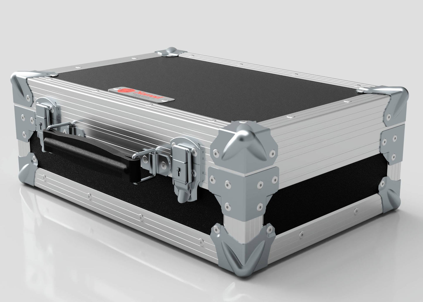 The Single Laptop Case With Storage Compartment is a sturdy silver and black metal briefcase with reinforced corners, handle, secure latches, and external dimensions of 429 x 289 x 162 mm, ideal for precise product sizing needs.