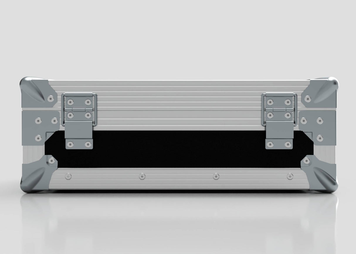 The Single Laptop Case With Storage Compartment features a silver metal exterior with reinforced corners and latches, shown closed from the front against a plain background. Its external dimensions are 429 x 289 x 162 mm.