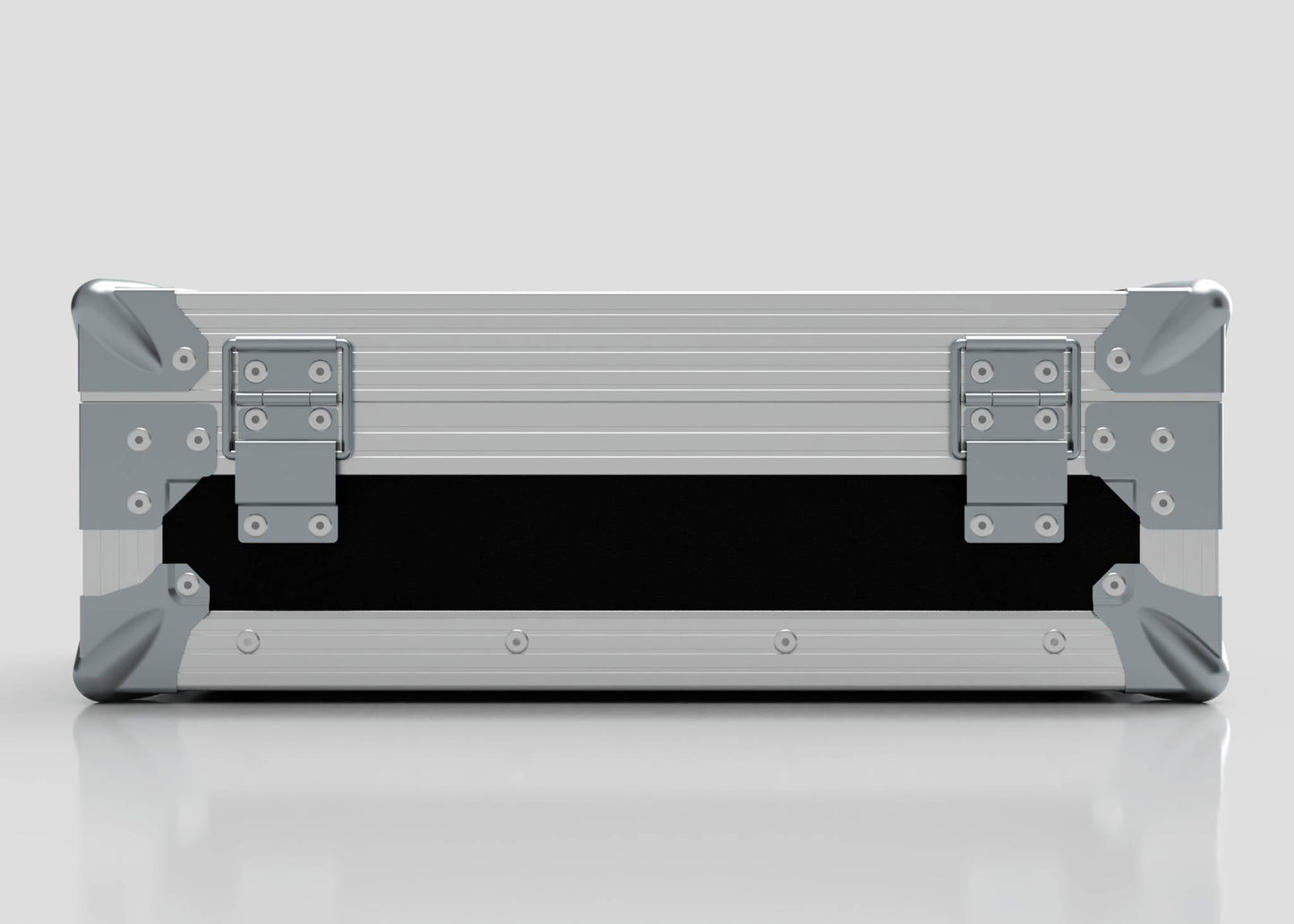 The Single Laptop Case With Storage Compartment features a silver metal exterior with reinforced corners and latches, shown closed from the front against a plain background. Its external dimensions are 429 x 289 x 162 mm.