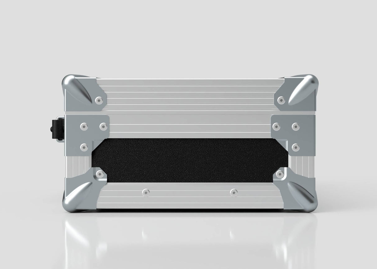 The Single Laptop Case With Storage Compartment is shown closed in silver and black with metal-reinforced corners, set against a plain light background to highlight its external dimensions of 429 x 289 x 162 mm.