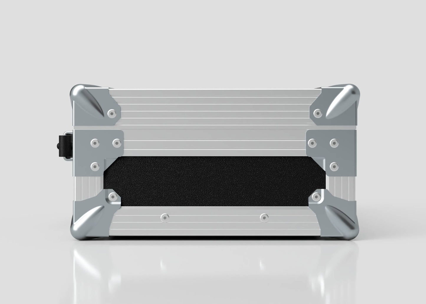 The Single Laptop Case With Storage Compartment is shown closed in silver and black with metal-reinforced corners, set against a plain light background to highlight its external dimensions of 429 x 289 x 162 mm.