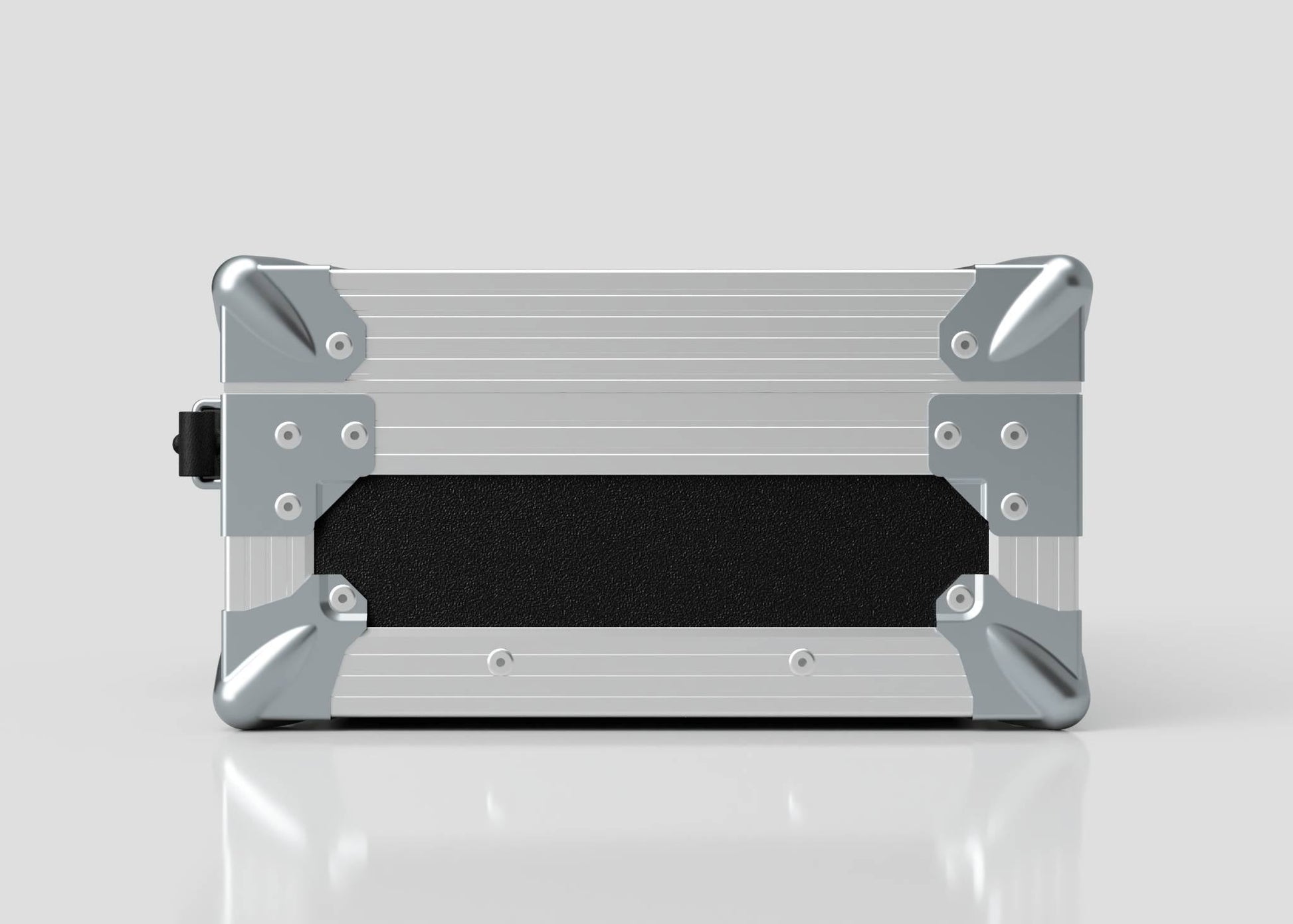 The Single Laptop Case With Storage Compartment is shown closed in silver and black with metal-reinforced corners, set against a plain light background to highlight its external dimensions of 429 x 289 x 162 mm.