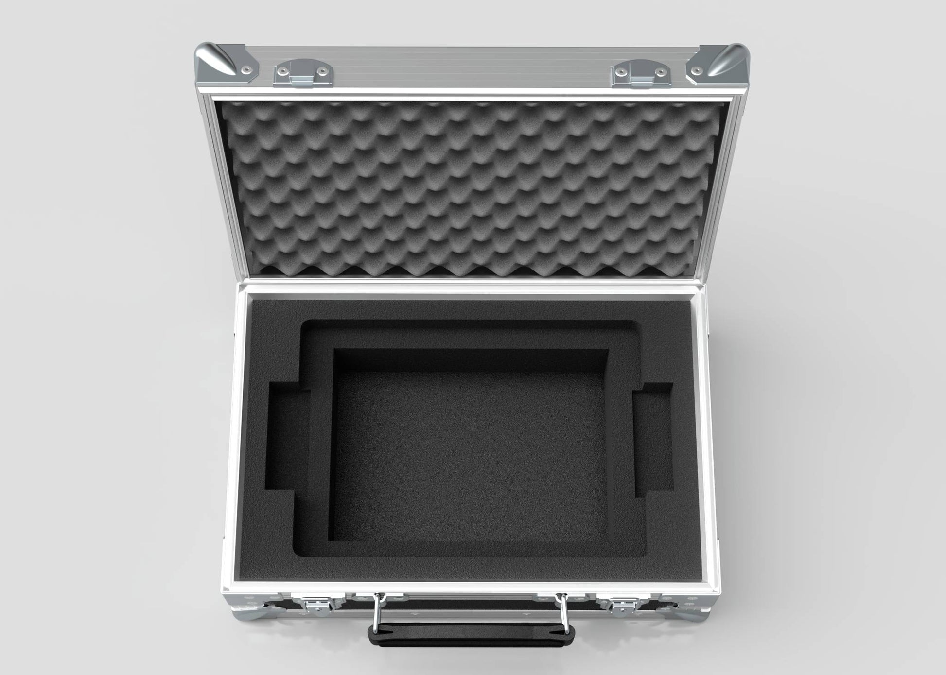 The Single Laptop Case With Storage Compartment is shown open from above, featuring foam padding and a central rectangular cutout—ideal for precise sizing—with external dimensions of 429 x 289 x 162 mm.
