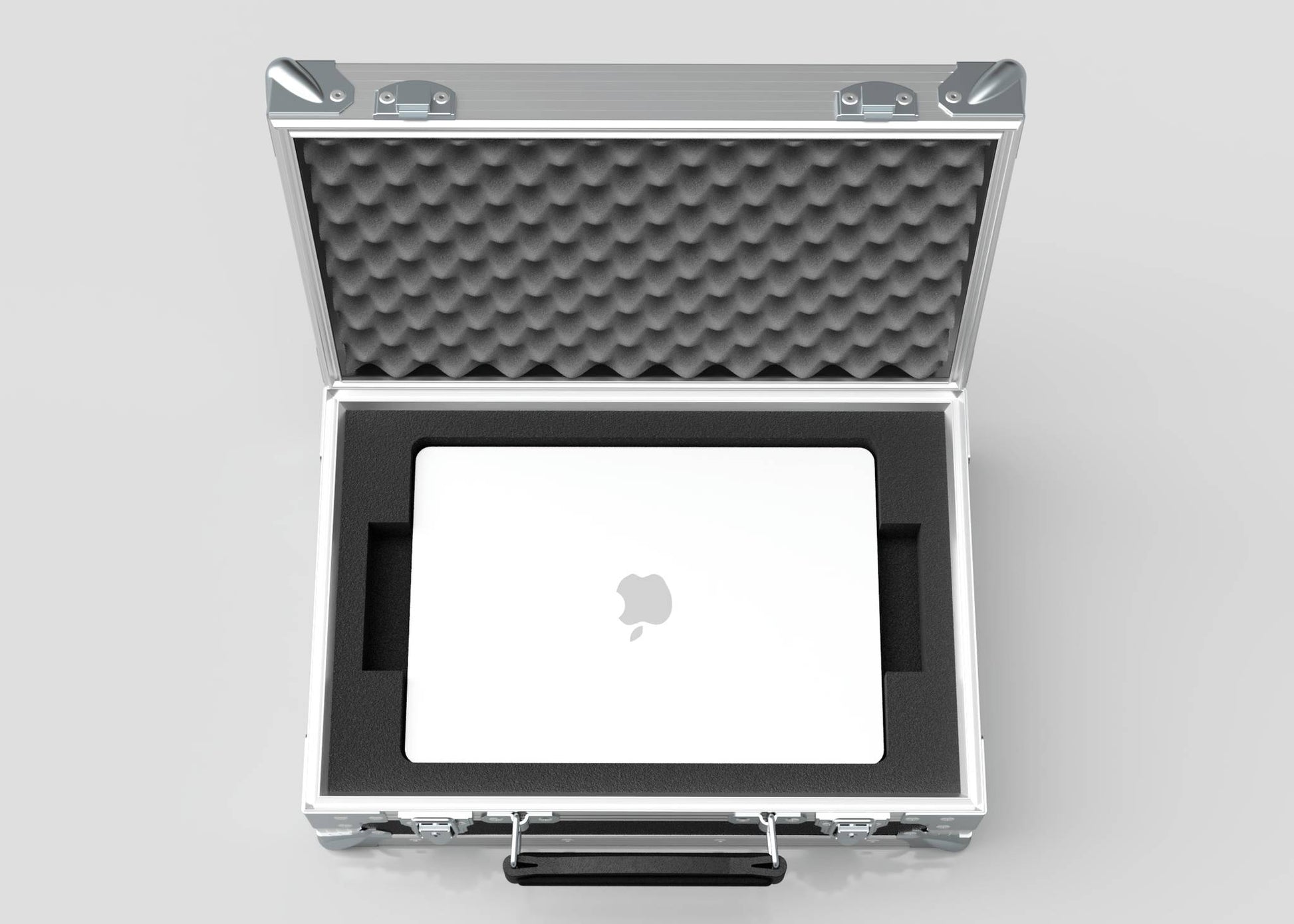 The Single Laptop Case With Storage Compartment, featuring a foam-lined interior and external dimensions of 429 x 289 x 162 mm, securely holds a silver Apple laptop with the lid open for display.