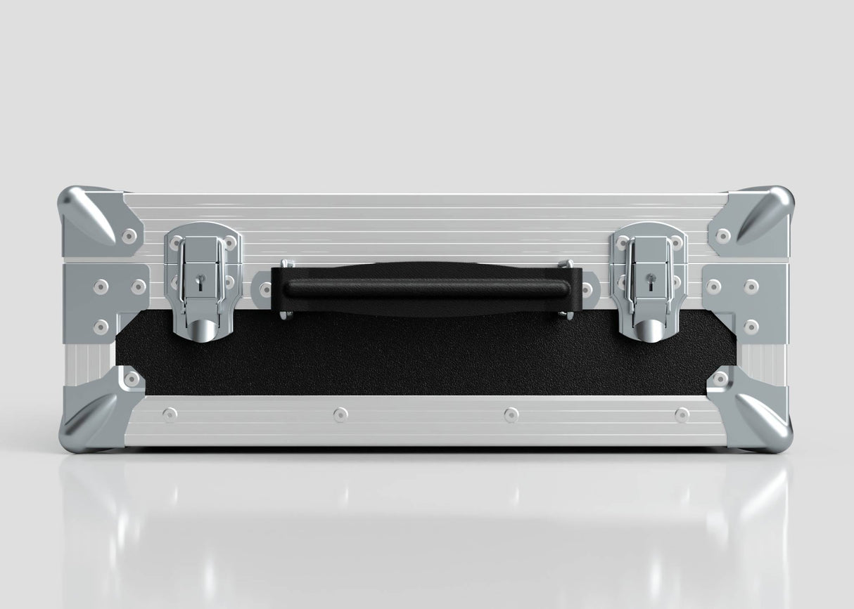 The Single Laptop Case With Storage Compartment is a closed, silver and black hard case with metal corners, latches, and central black handle, measuring 429 x 289 x 162 mm, displayed on a reflective white surface.