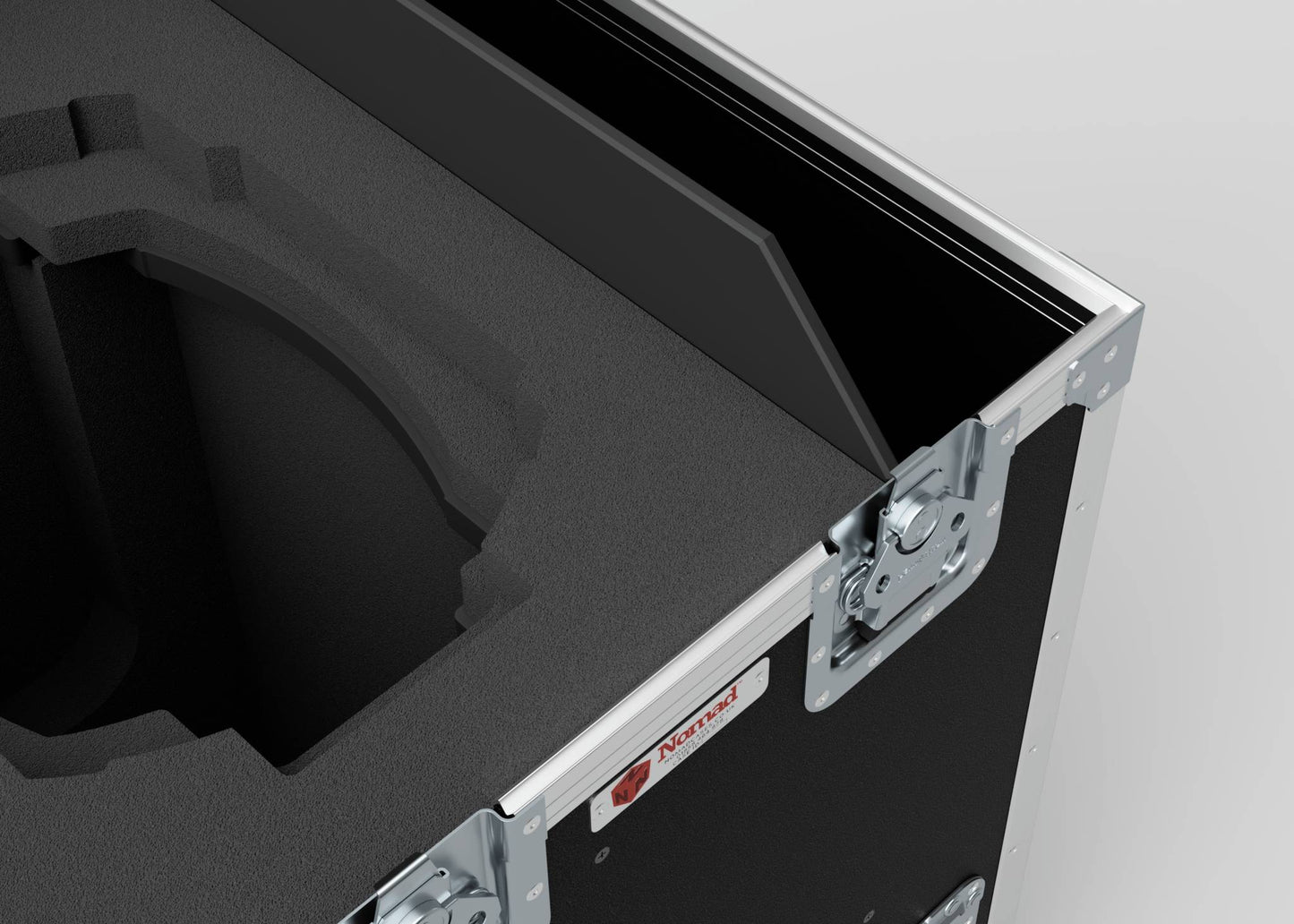 A Single Prolight Hybrid 300IP case in black, with foam padding and metal latches, partially open to reveal a custom-cut interior for secure transport. External dimensions: 580 x 600 x 930 mm.