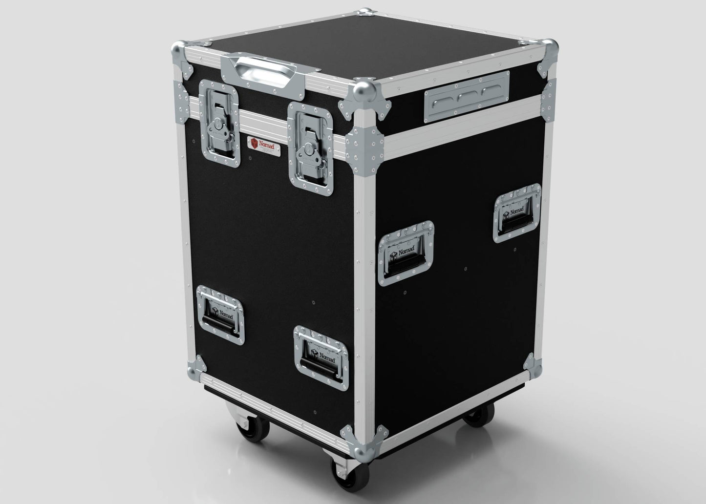 The Single Prolight Hybrid 300IP is a black, rectangular flight case with metal edges and multiple handles, standing on four caster wheels. Dimensions: 580 x 600 x 930 mm.