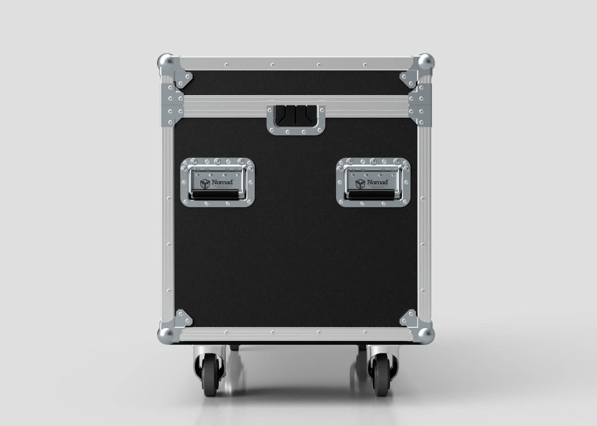 The Socapex Trunk Case, in black and silver with metal reinforcements and wheels, is shown from the front against a plain background.
