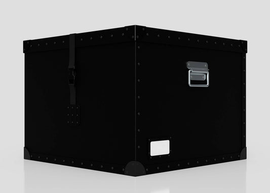 The Standard Cube Storage Box - Large is a black metal box with rivets, corner protectors, a latch, handle, and poly card holder for easy identification.