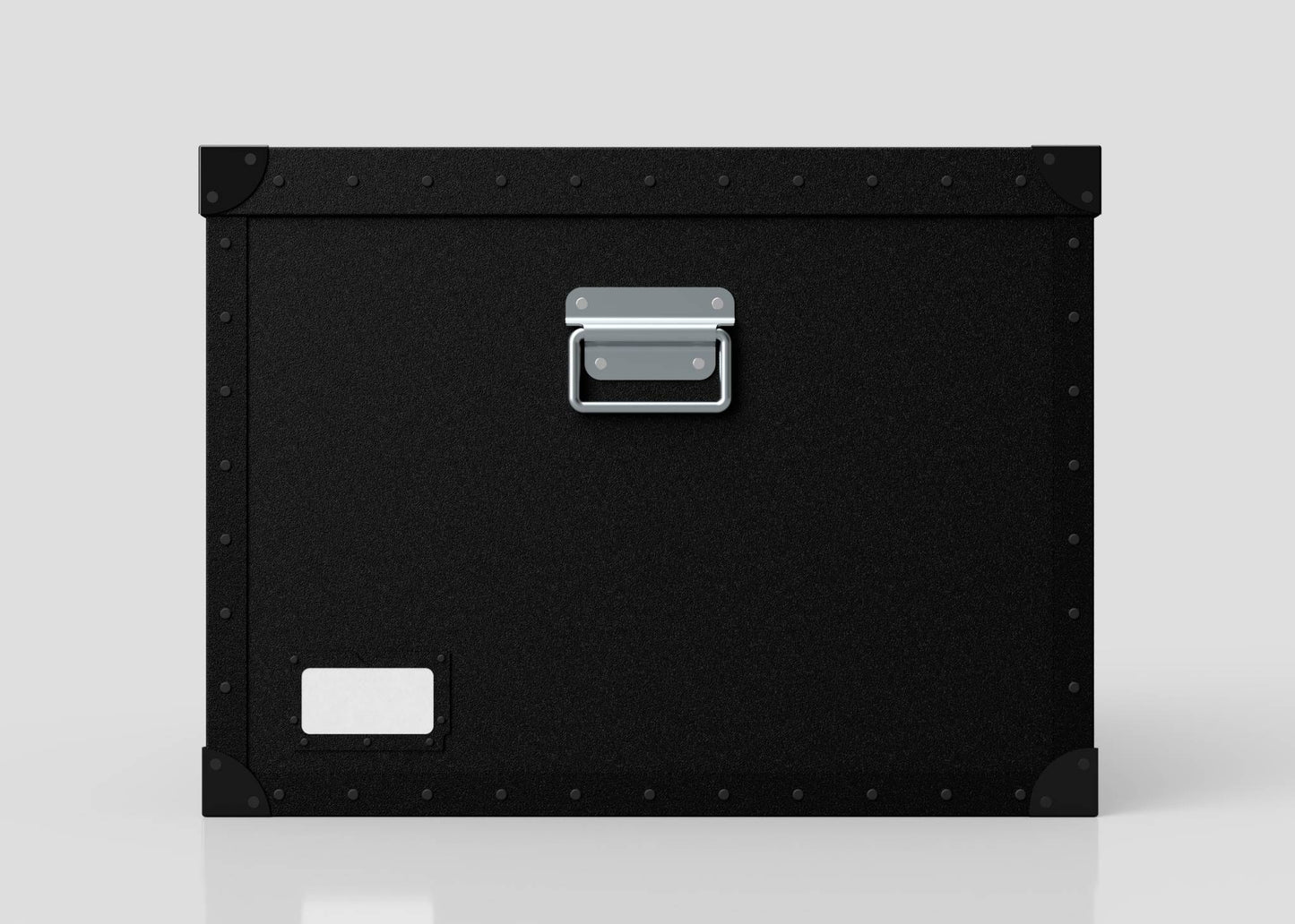 The Standard Cube Storage Box - Large is a black, rectangular polyethylene box with a silver handle and riveted corners, shown from the front against a plain light background.