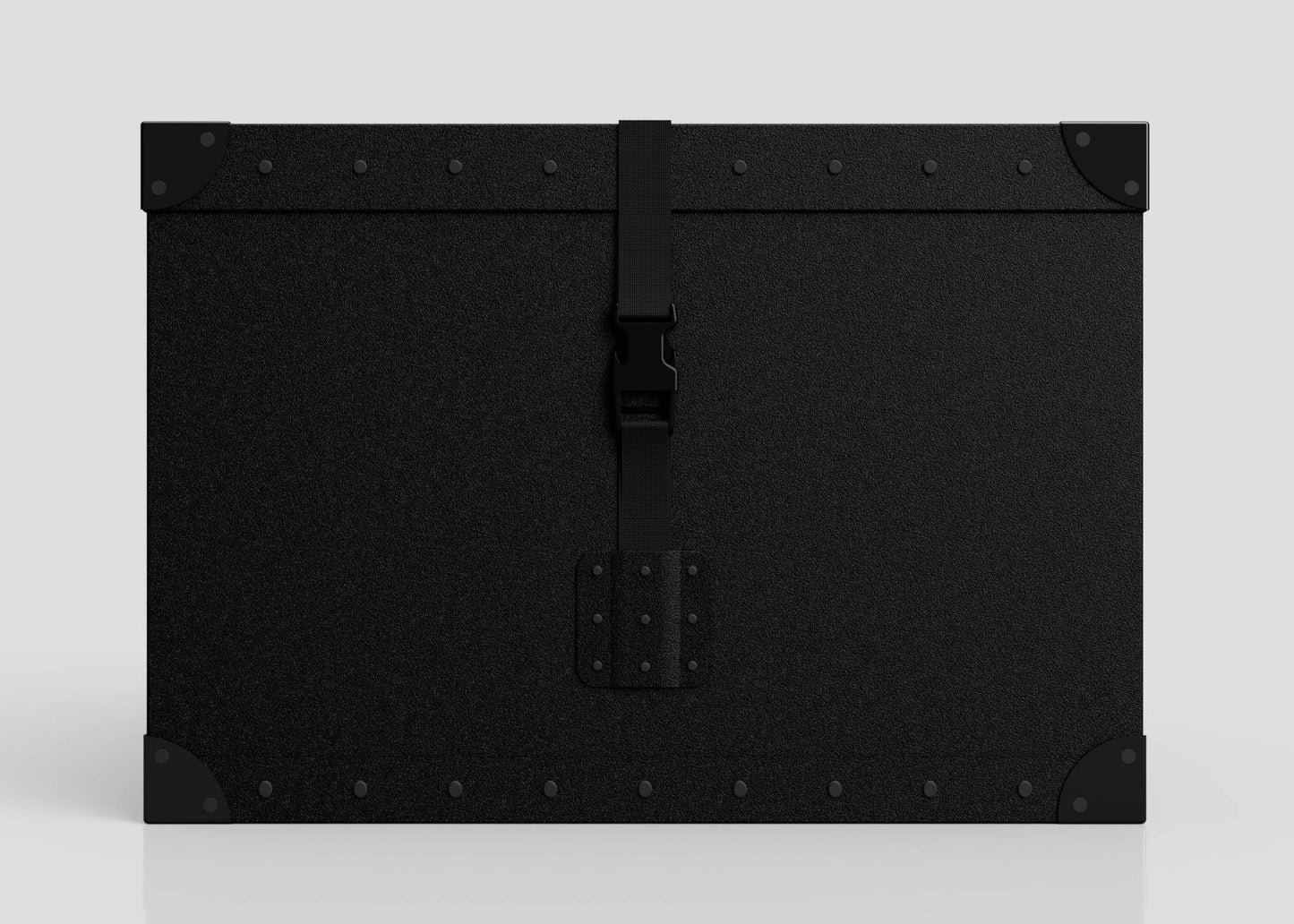 The Standard Cube Storage Box - Medium is a black, rectangular polyethylene box with reinforced corners, metal rivets on the edges, and a central front latch.