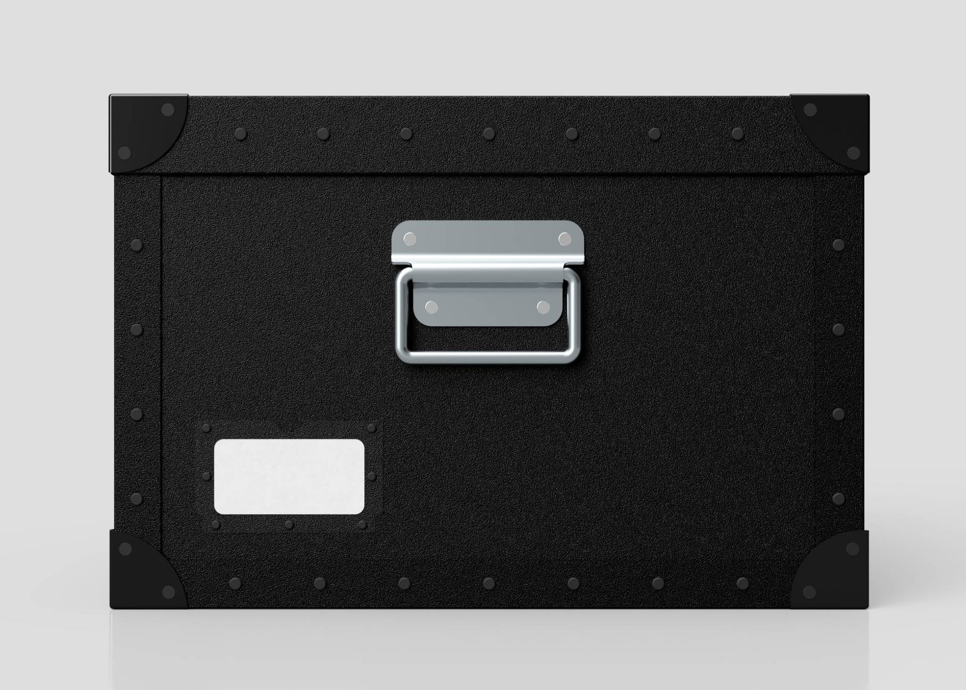 The Standard Cube Storage Box - Small is a black polyethylene box with a metal handle, reinforced corners, and a poly card holder for labeling, shown against a plain light background.