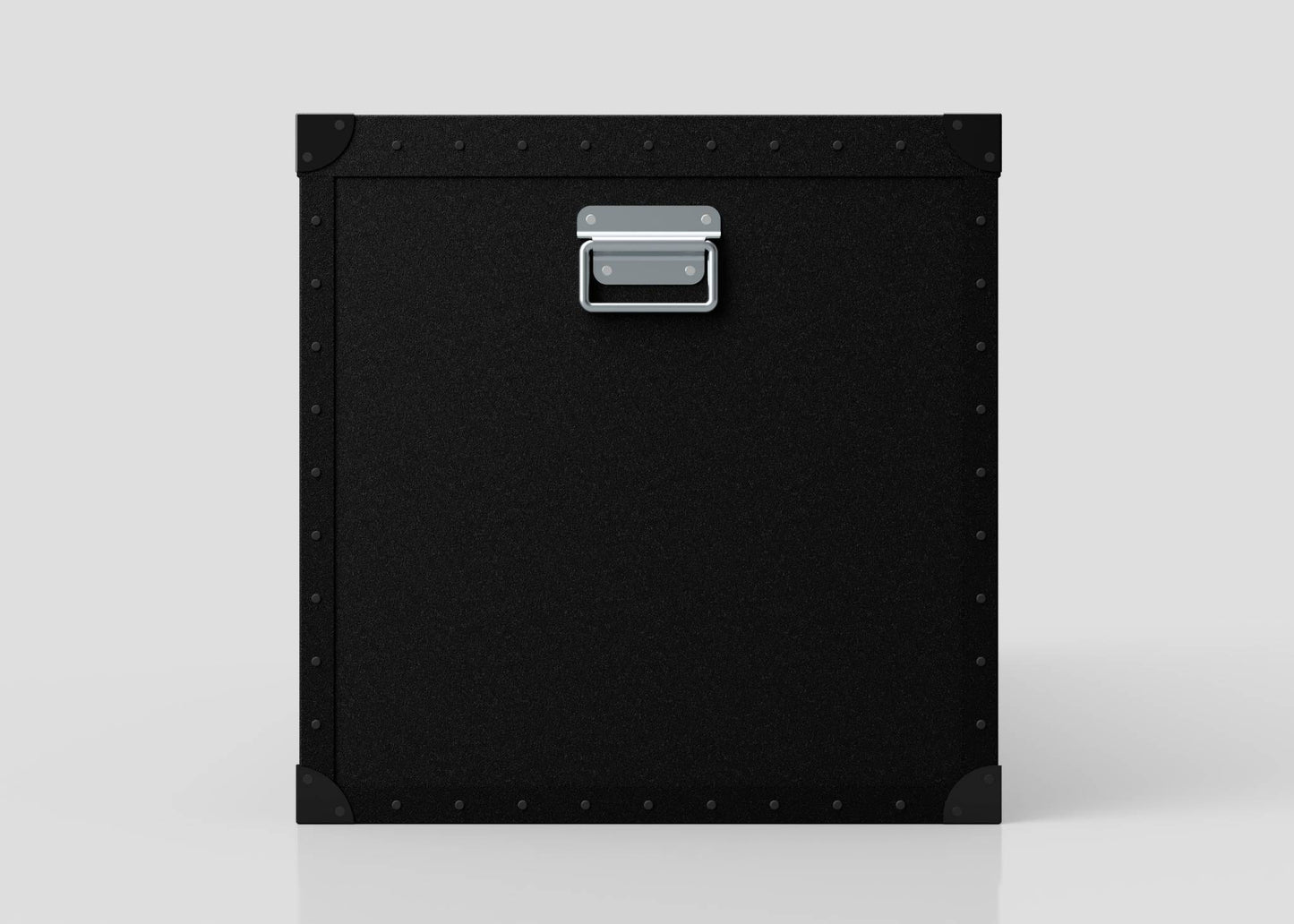 The Standard Long Storage Box - Extra Large is a square black polyethylene box with metal corners and a single zinc drop handle on the front, shown against a plain light gray background.