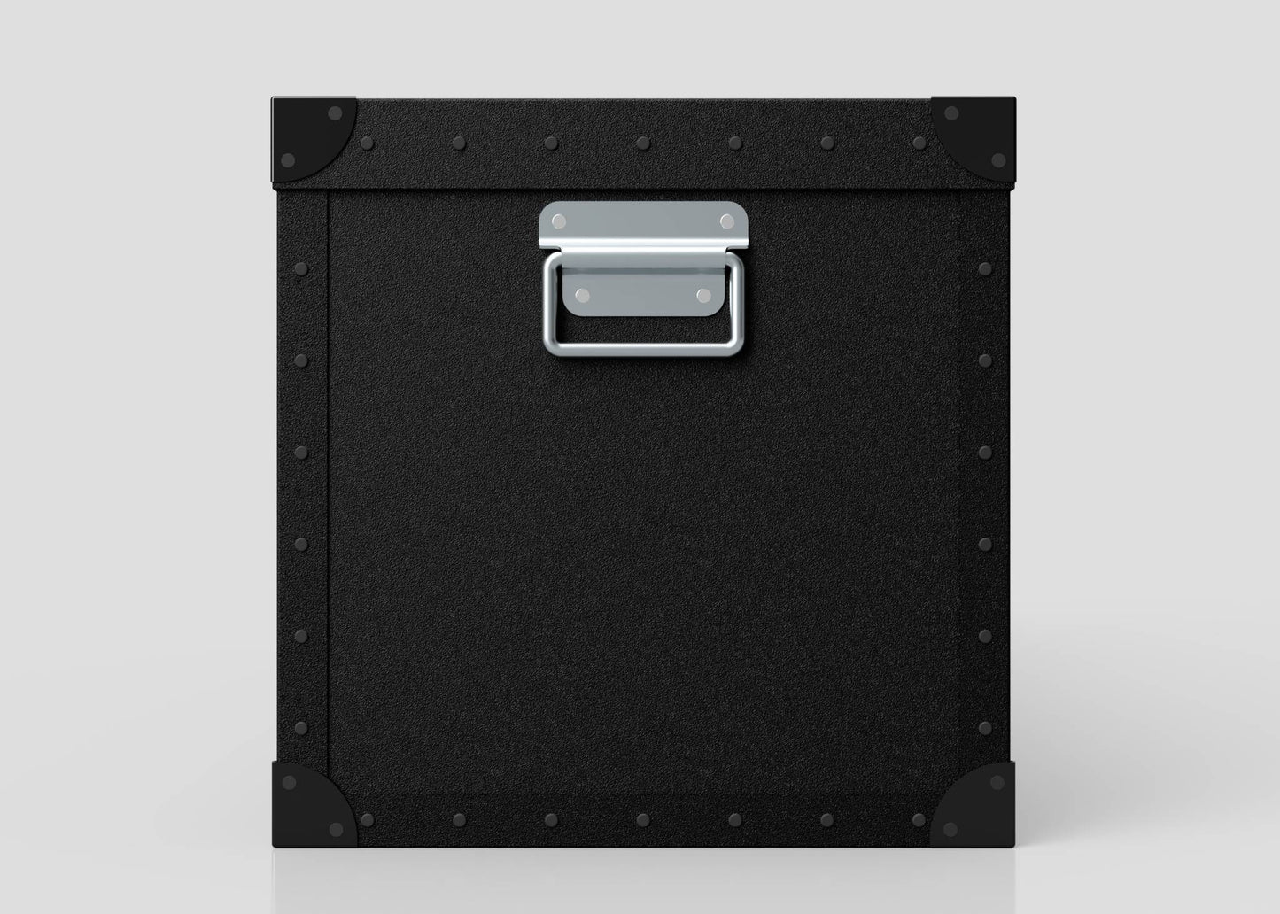 The Standard Long Storage Box - Large is shown in black metal and polyethylene with corner reinforcements and a zinc drop handle, set against a plain light gray background.