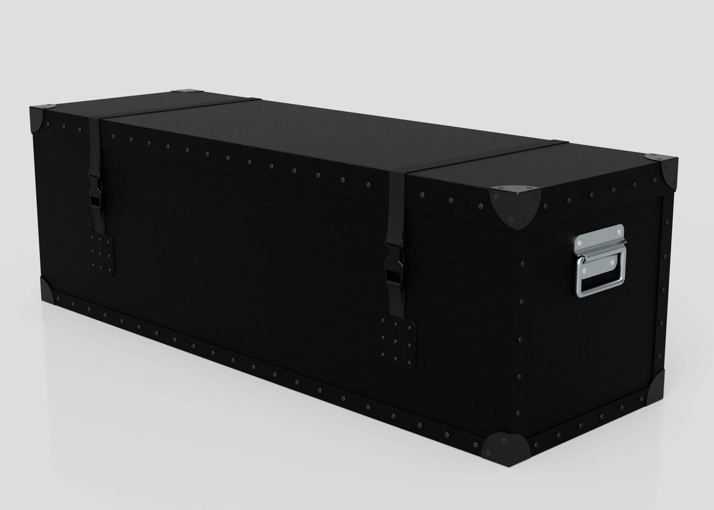 The Standard Long Storage Box - Medium is a large, rectangular black trunk featuring metal corner protectors, zinc drop handles, and two side-release buckle closures, shown on a white background.