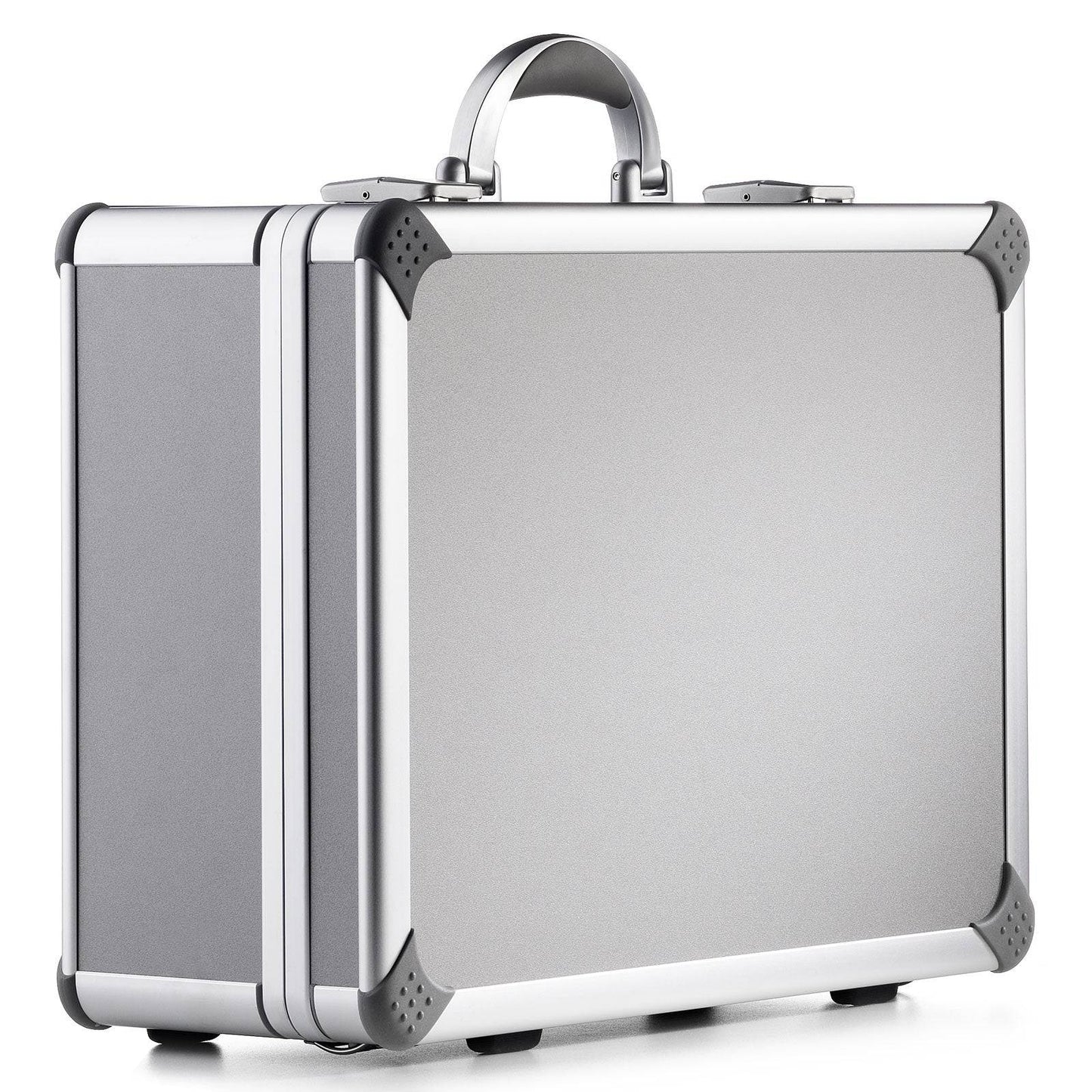 The Supreme 99400 is a silver aluminium frame case with reinforced corners, handle, and custom CNC foam fittings for comfortable carrying, standing upright on a white background.