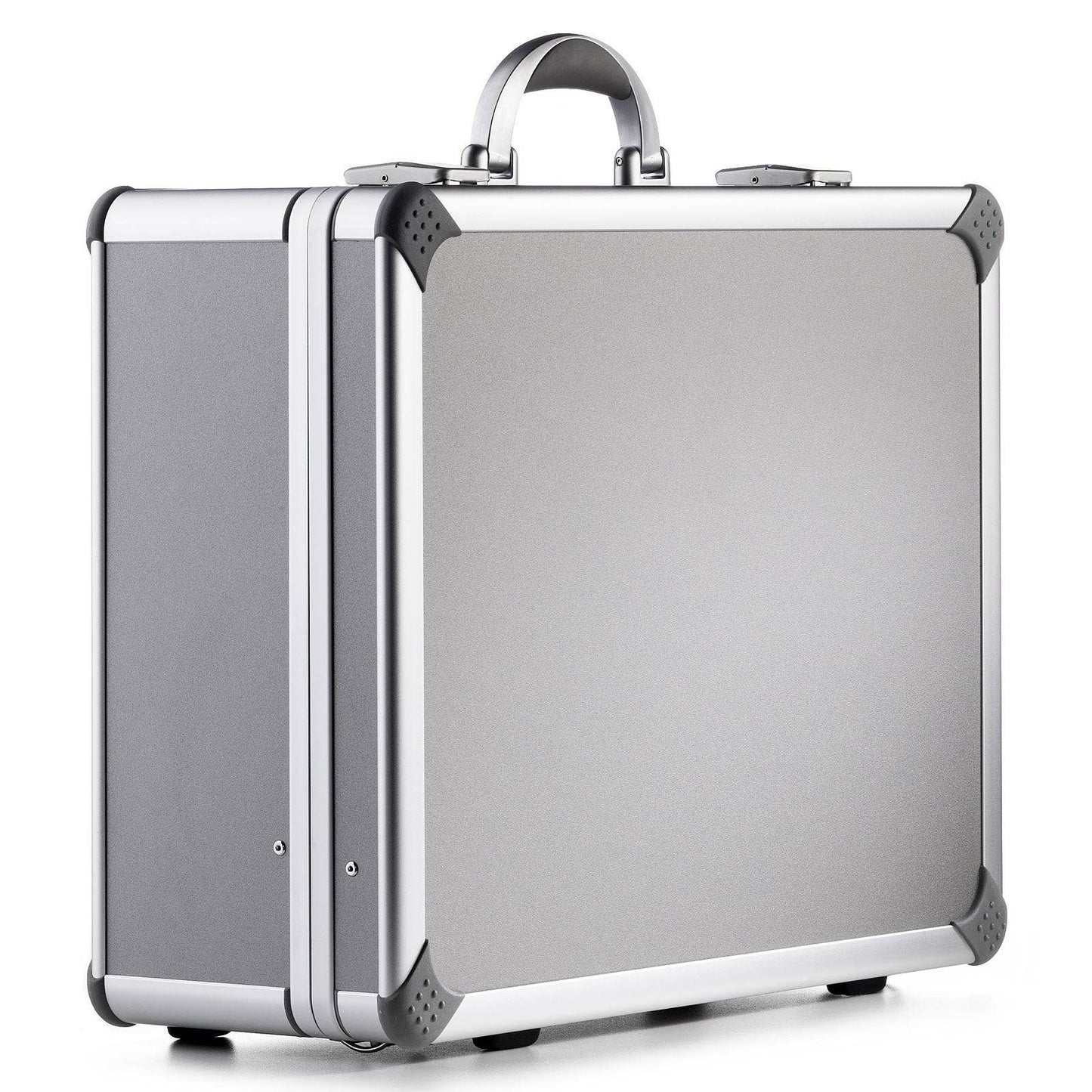 The Supreme 99500, a silver aluminum frame case with reinforced corners, quality lock hinge, metal latches, and handle, is positioned upright at an angle against a white background.