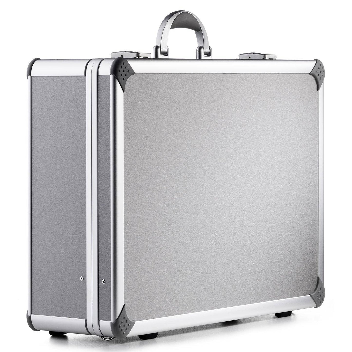 The Supreme 99600, a silver aluminium frame case with reinforced corners, custom CNC foam fittings, two latches, and a carrying handle, sits on a white background for maximum carrying comfort.