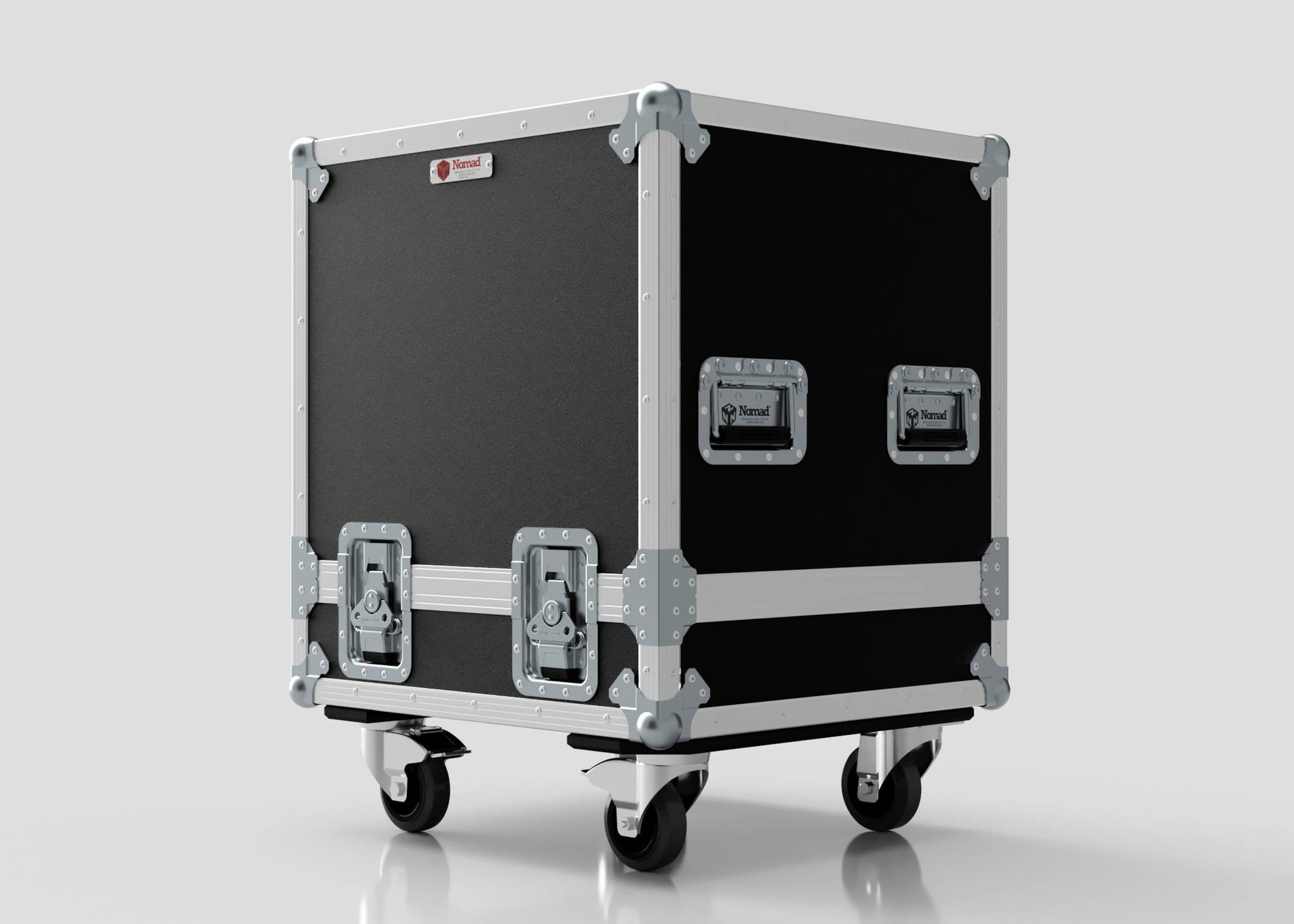 A Suzuki Hayabusa Engine Case in black and silver with metal reinforced corners, handles, four caster wheels, and measuring 568 x 537 x 613 mm, shown against a plain light background.