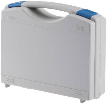The Tekno 2003 is a closed, light gray plastic carrying case with a handle and blue interchangeable clasps, shown standing upright on a white background.