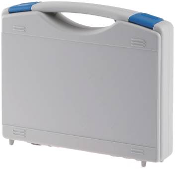 The Tekno 2003S is a closed, light gray plastic protective case with a handle and blue interchangeable clasps on the top corners.