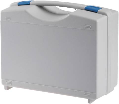 The Tekno 2009 is a closed, rectangular gray plastic suitcase with a handle and blue accents, standing upright on four small feet, featuring a modern design and low and high density foam inserts for added protection.
