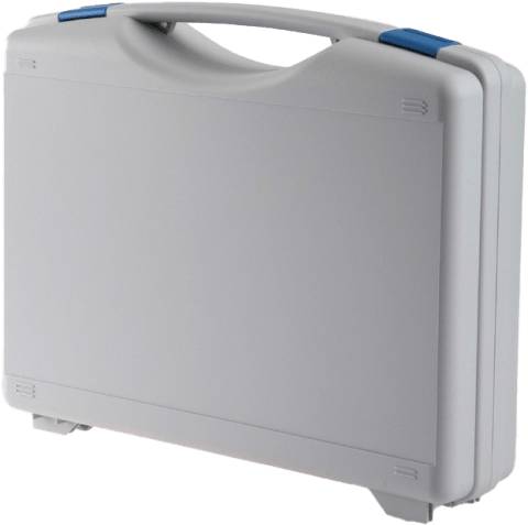 The Tekno 2017 is a plain, upright gray plastic briefcase with customizable clasps and blue accents, shown against a white background.