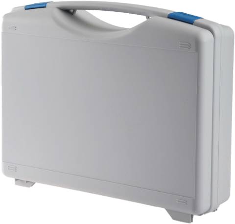 The Tekno 2018 is a closed, light gray plastic briefcase with a top handle, blue corner accents, and a modern design, standing upright against a white background.