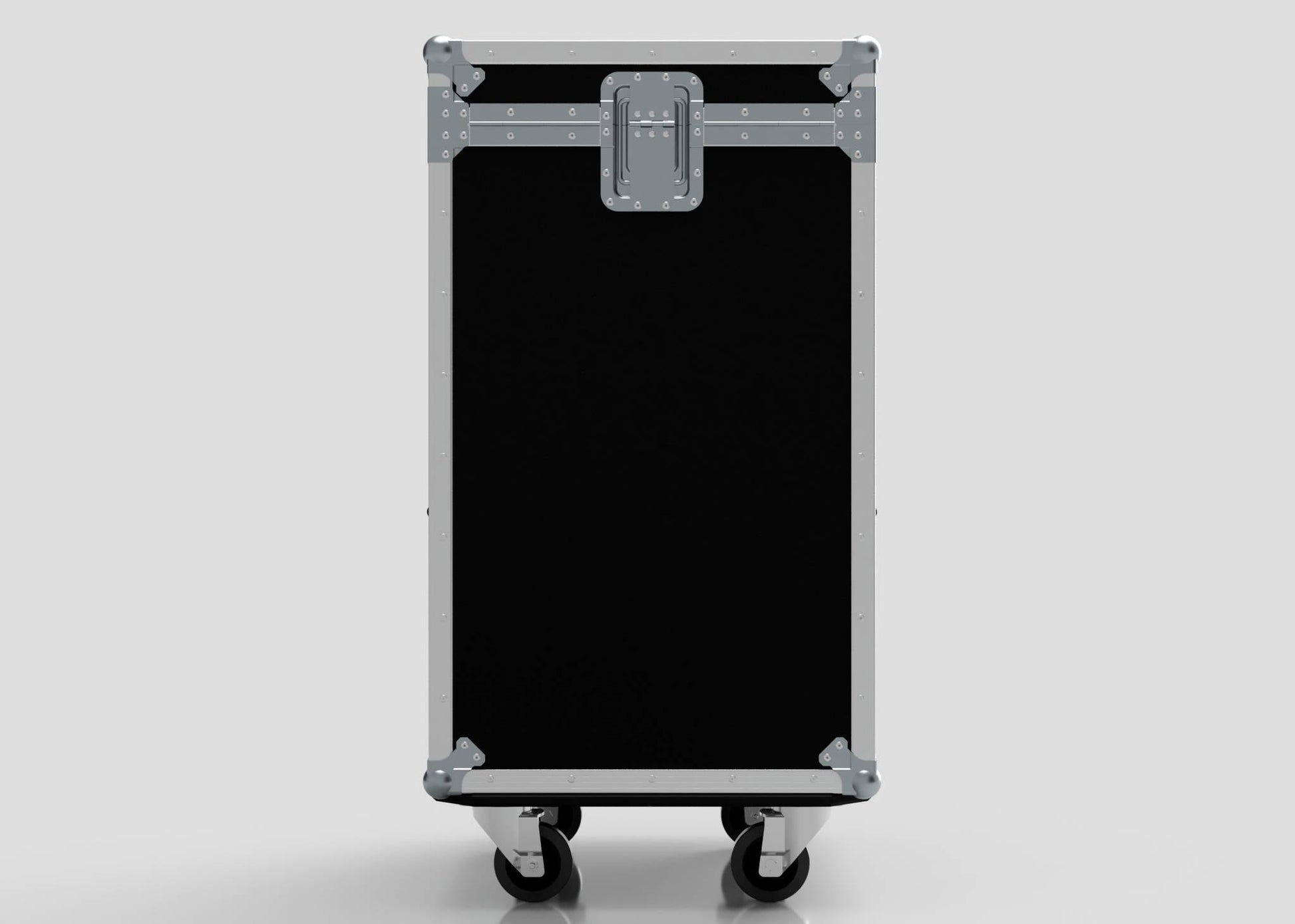 The TM TV Drawer Case is a black, rectangular case with silver metal edges, a central latch, and four caster wheels, highlighting its sturdy build and precise dimensions against a plain light background.