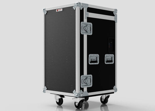 The TM TV Drawer Case is a black, rectangular equipment flight case with external dimensions, four caster wheels, metal corners, handles, and side latches, shown against a plain light background.