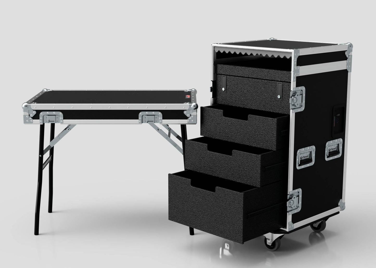 The TM TV Drawer Case is a black road case with metal reinforcements, three open drawers, caster wheels, and a detachable lid that serves as a trestle table with fold-out legs—ideal for storage and workspace with efficient dimensions.