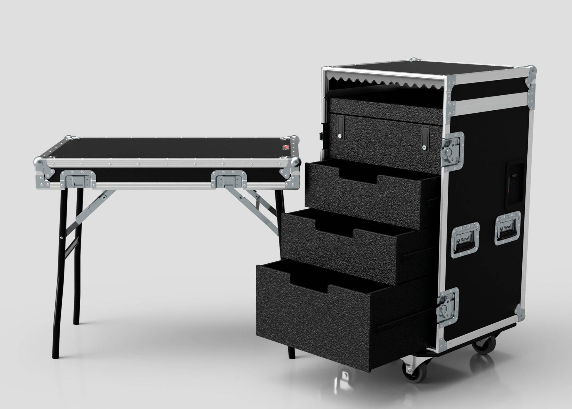 The TM TV Drawer Case is a black road case with metal reinforcements, three open drawers, caster wheels, and a detachable lid that serves as a trestle table with fold-out legs—ideal for storage and workspace with efficient dimensions.